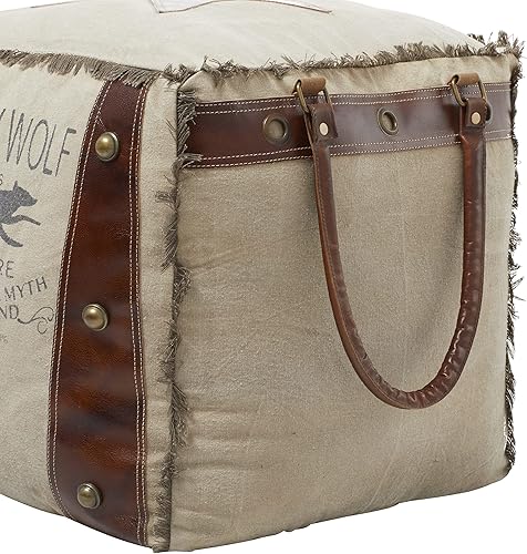 Miniatura 4 de Deco 79 Puf de lona con asas de cuero, 20 x 20 x 19 pulgadas, blanco