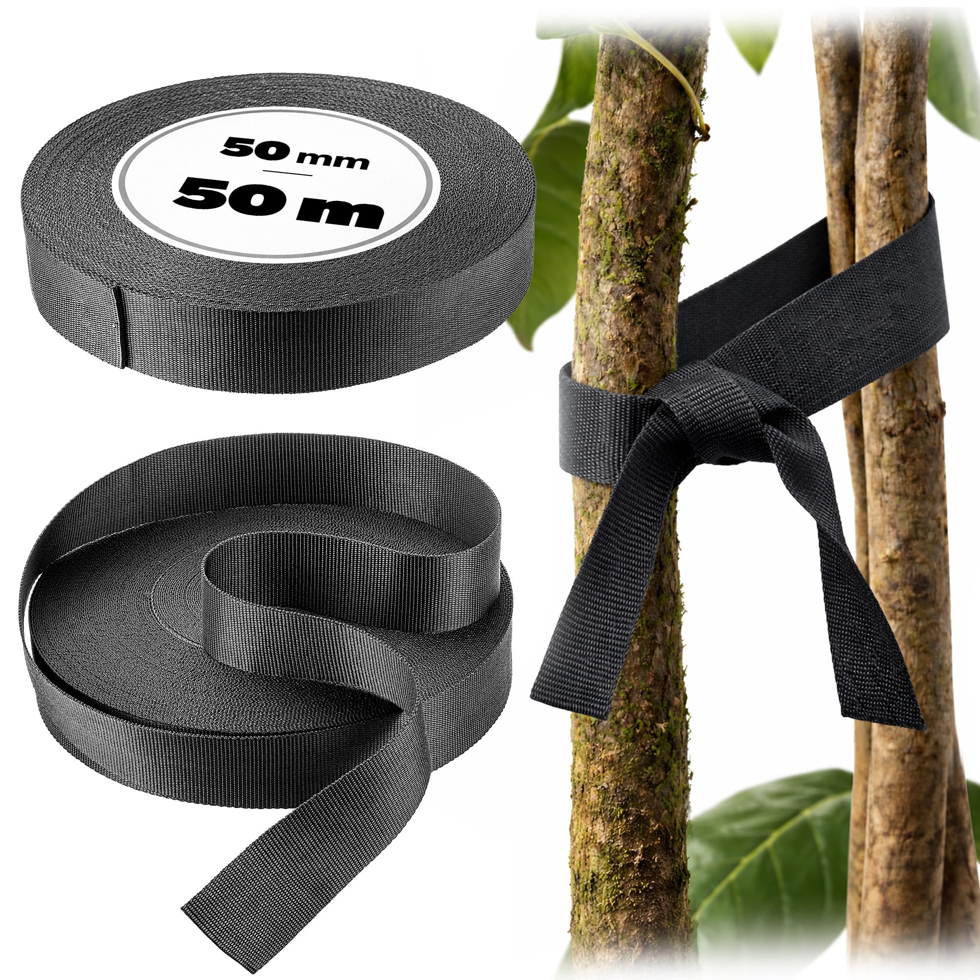 KADAX Baumbindeband 50mm x 50m, Bindeband zur sicheren Befestigung von Bäumen & Sträuchern, Baumbinder aus Polypropylen, Baumbefestigung, Pflanzenbinder (Schwarz)