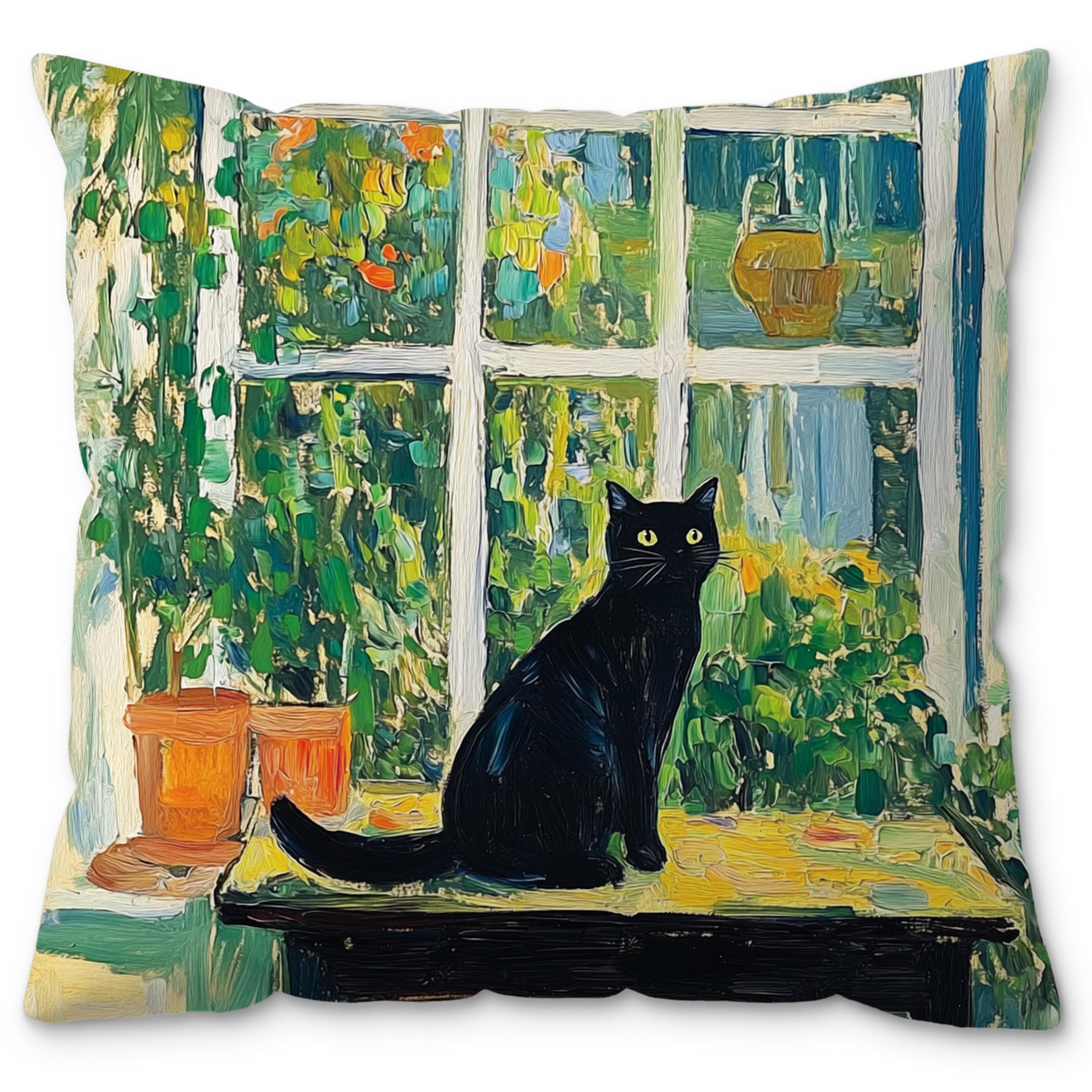 ROXMART Abstract Impressionist Black Cat Pillow Covers 18x18 Cat Lovers Gifts for Women Cats Mom Lady Grandma Gifts