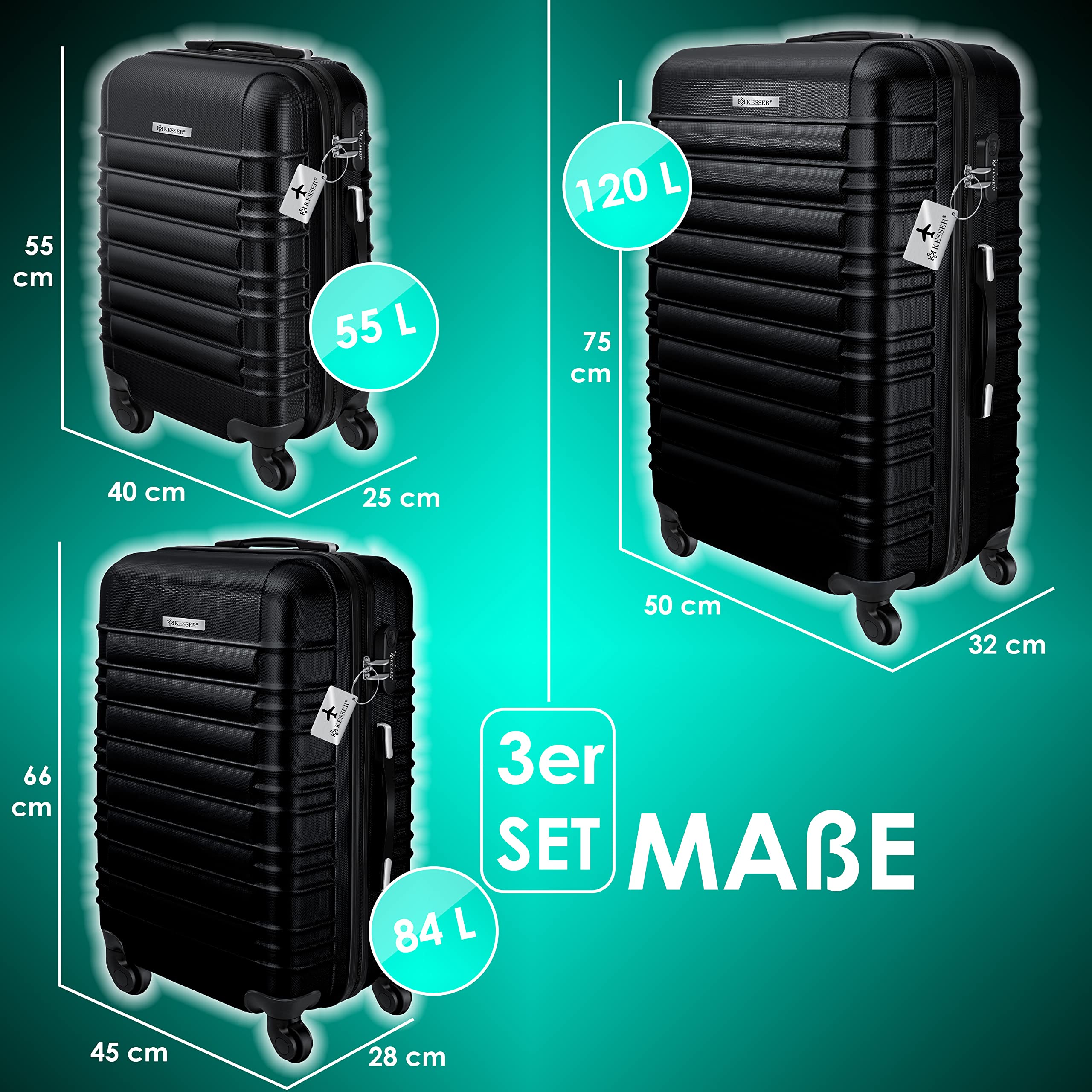 KESSER® Set di 3 valigie rigide, trolley, incl. bilancia per bagagli + etichetta, chiusura, manico telescopico M-L-XL