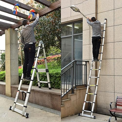 Miniatura 8 de Escalera telescópica de aluminio de 12.5 pies, con marco en A, portátil, telescópica, escalera plegable multiusos, fácil almacenamiento, escalera