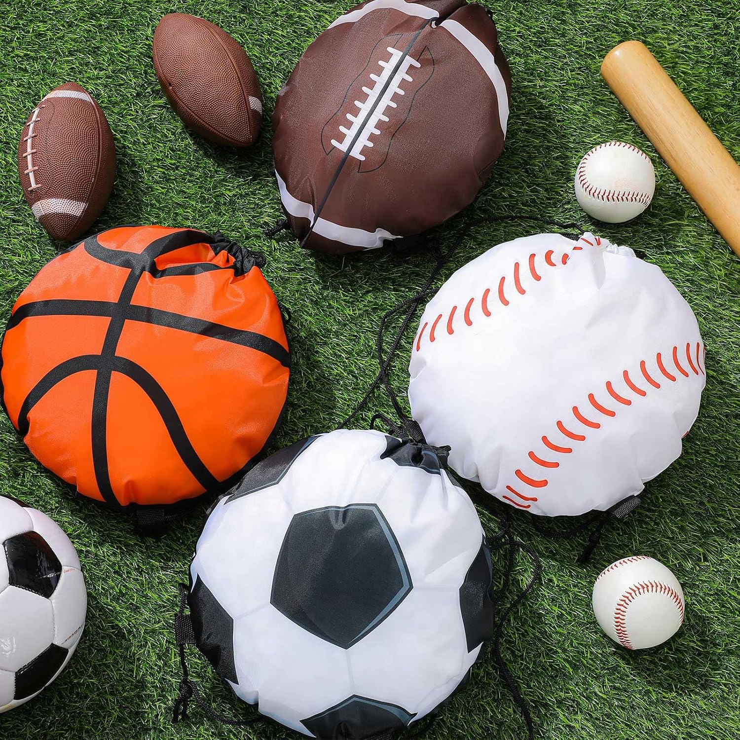 Kacctyen 12 Pcs Sports Drawstring Bags Sports Goodie Bags Birthday Party Decorations Football Baseball Basketball Soccer Ball Drawstring Backpack for Party Favors
