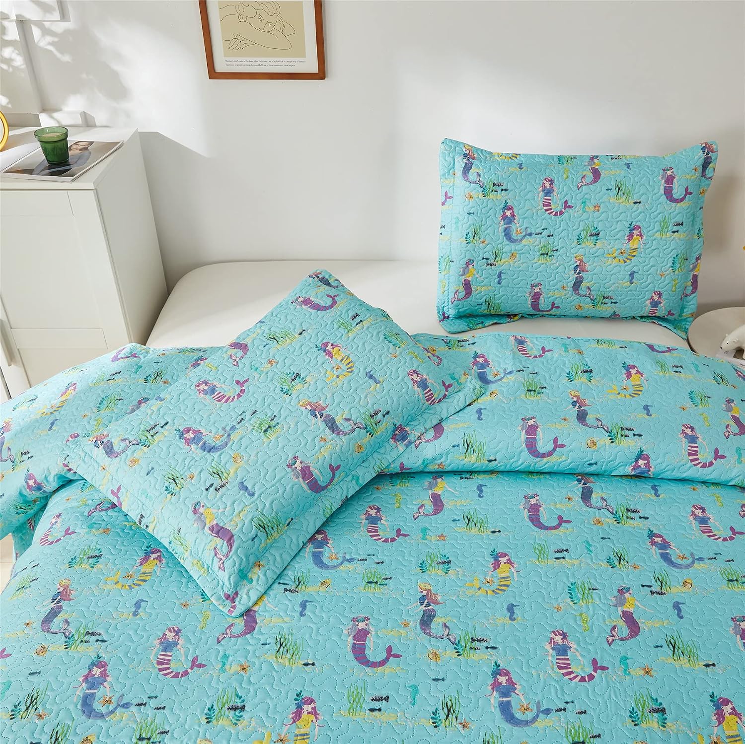 Kids Quilt Set Queen/Full Size 3 Pieces Reversible Bedspread Set Green Seaweed Mermaid Coverlet Lightweight All Season Bedding Matching Shams