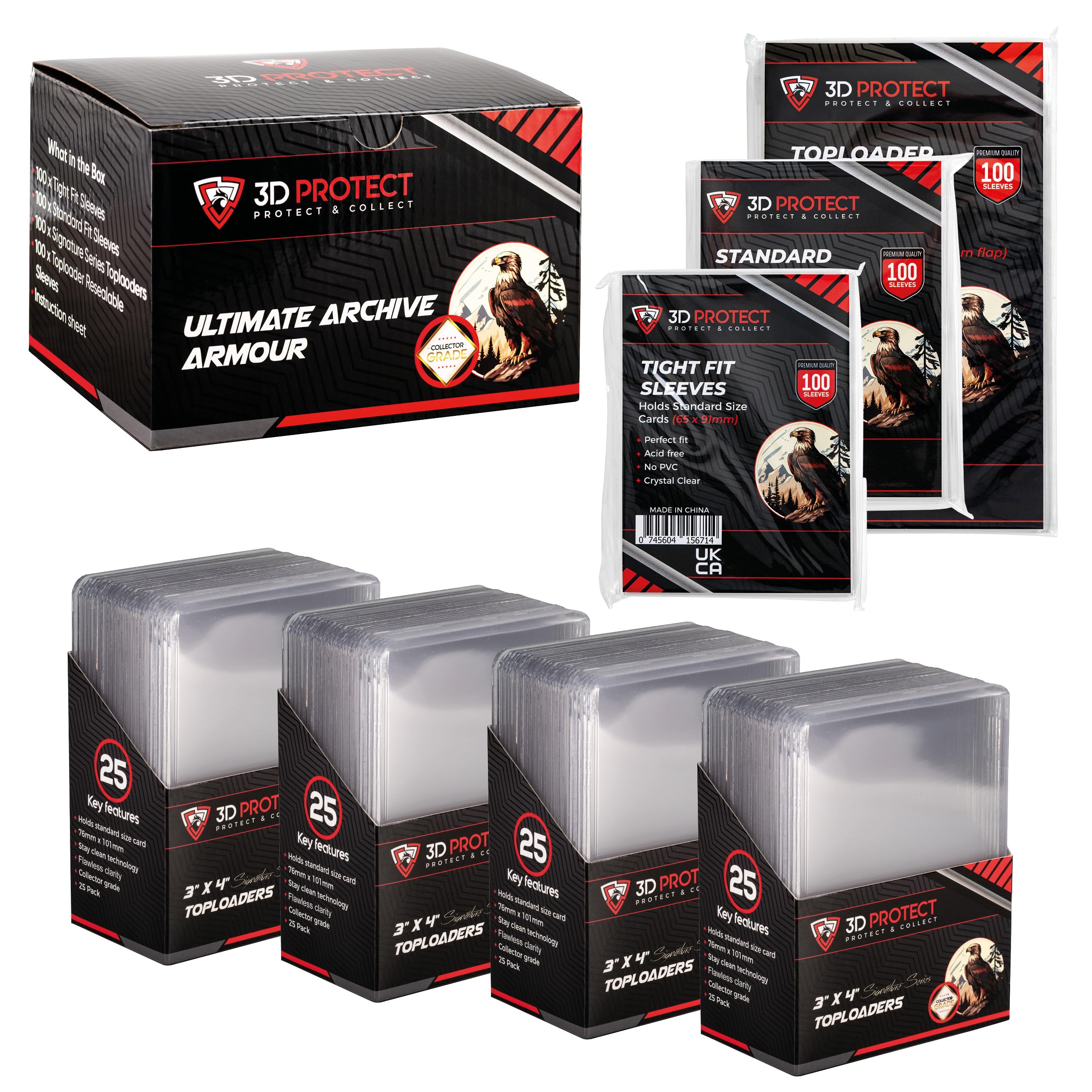 3D-Protect Archive Armour Toploader Sleeves Bundle  4-in-1 Card Protector Sleeve Set with Tight Fit, Signature Series, Standard Card Sleeves, Resealable Sleeves  400-Pcs Card Toploader Set