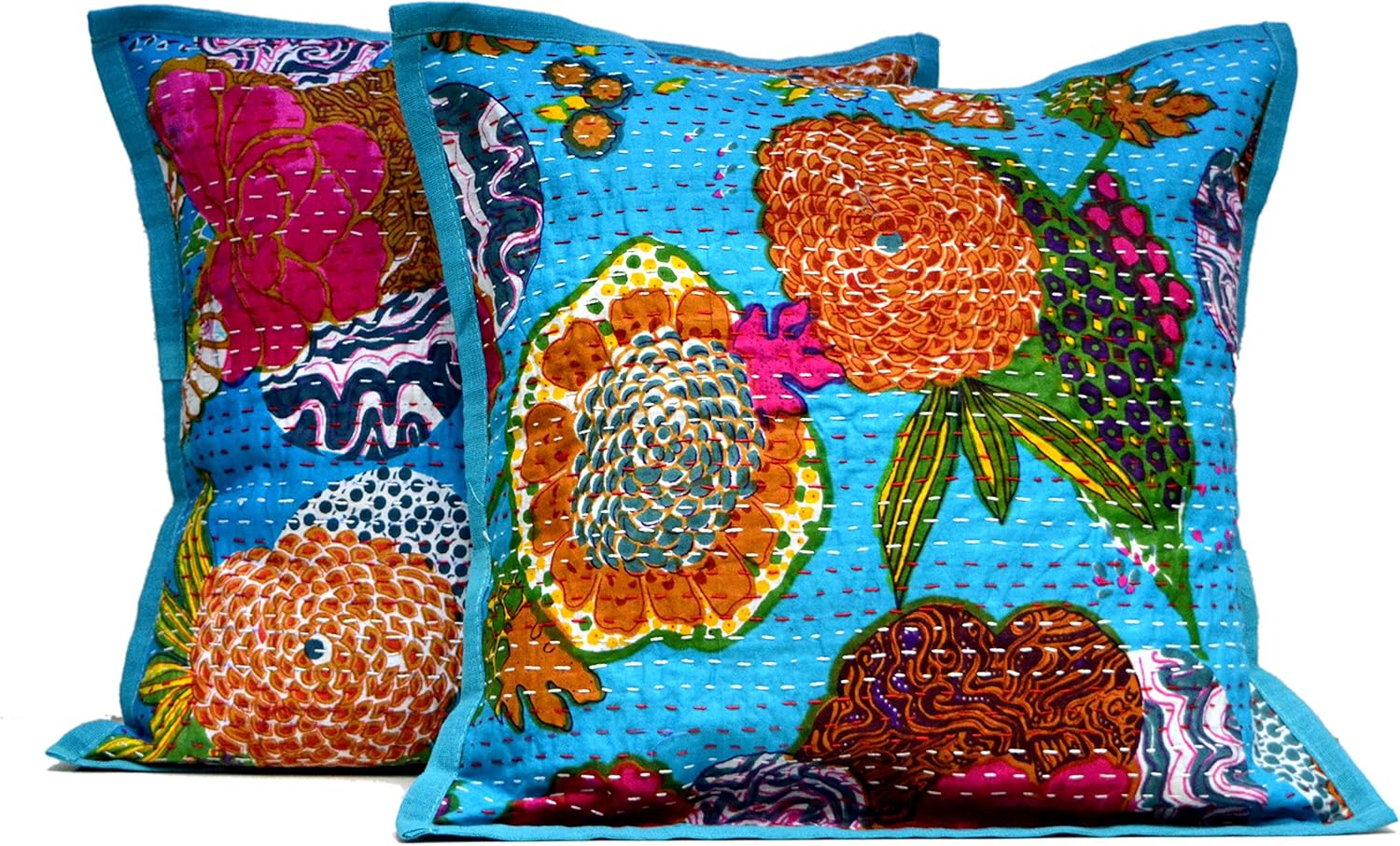 2 Blue Indian Handmade Pillowcase Kantha Floral Throw Pillow Toss Cushion Covers by Krishna Mart