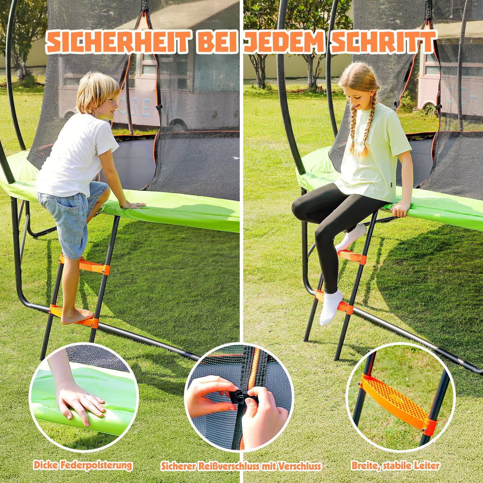Trampolin Outdoor Ø228/305/366 cm, GS-Zertifikat, Gartentrampolin für Kinder, Stabile Rahmenkonstruktion, Trampolin mit Tasche, Leiter, Randabdeckung & gepolsterten Netzstangen