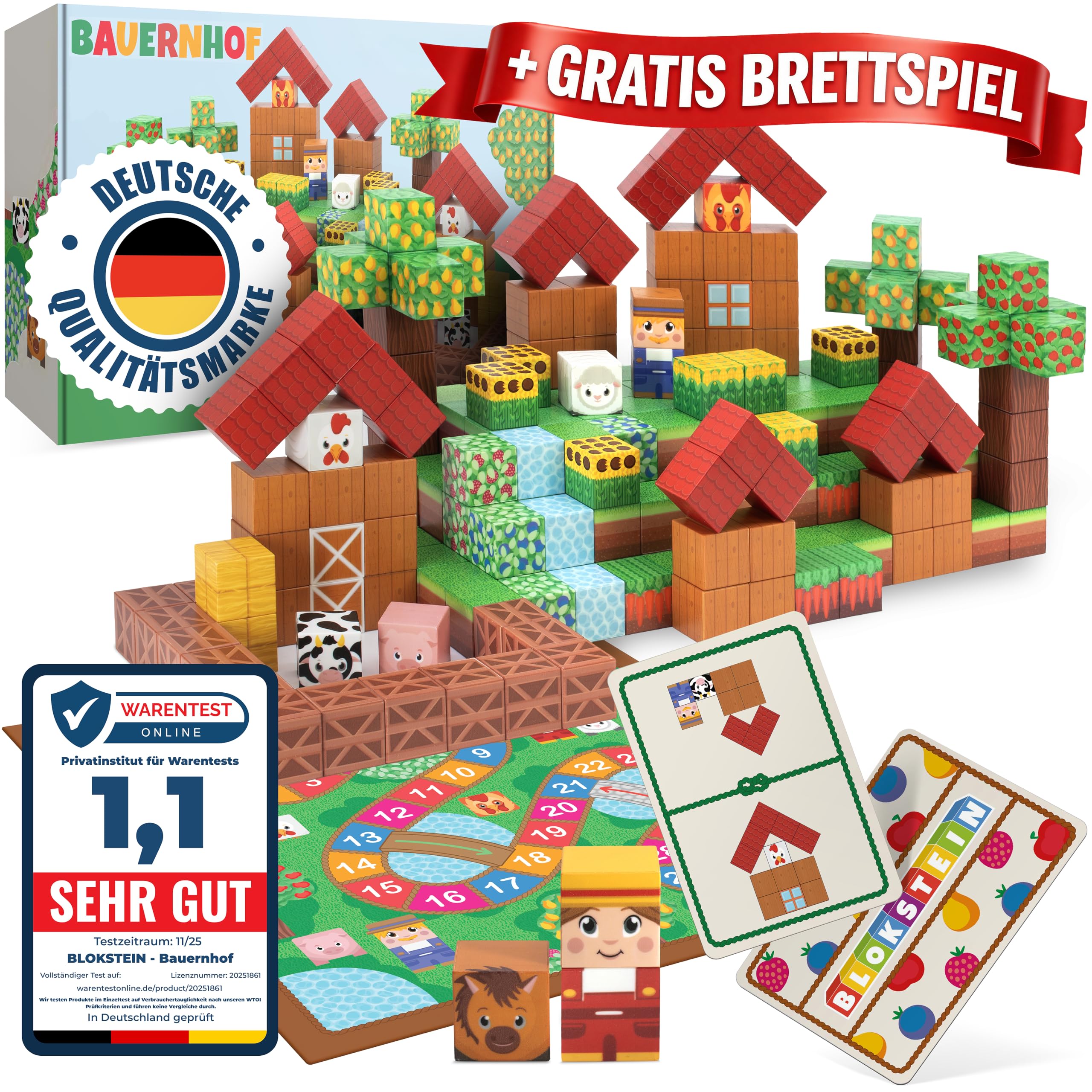 BLOKSTEIN® Magnetische Bausteine inkl. Brett- & Spielkarten I 154 Teile I 2,5 cm große Magnetbausteine I Montessori Spielzeug ab 3 I Magnetic Building Blocks für Kinder I Pädagogisches Magnetspiel