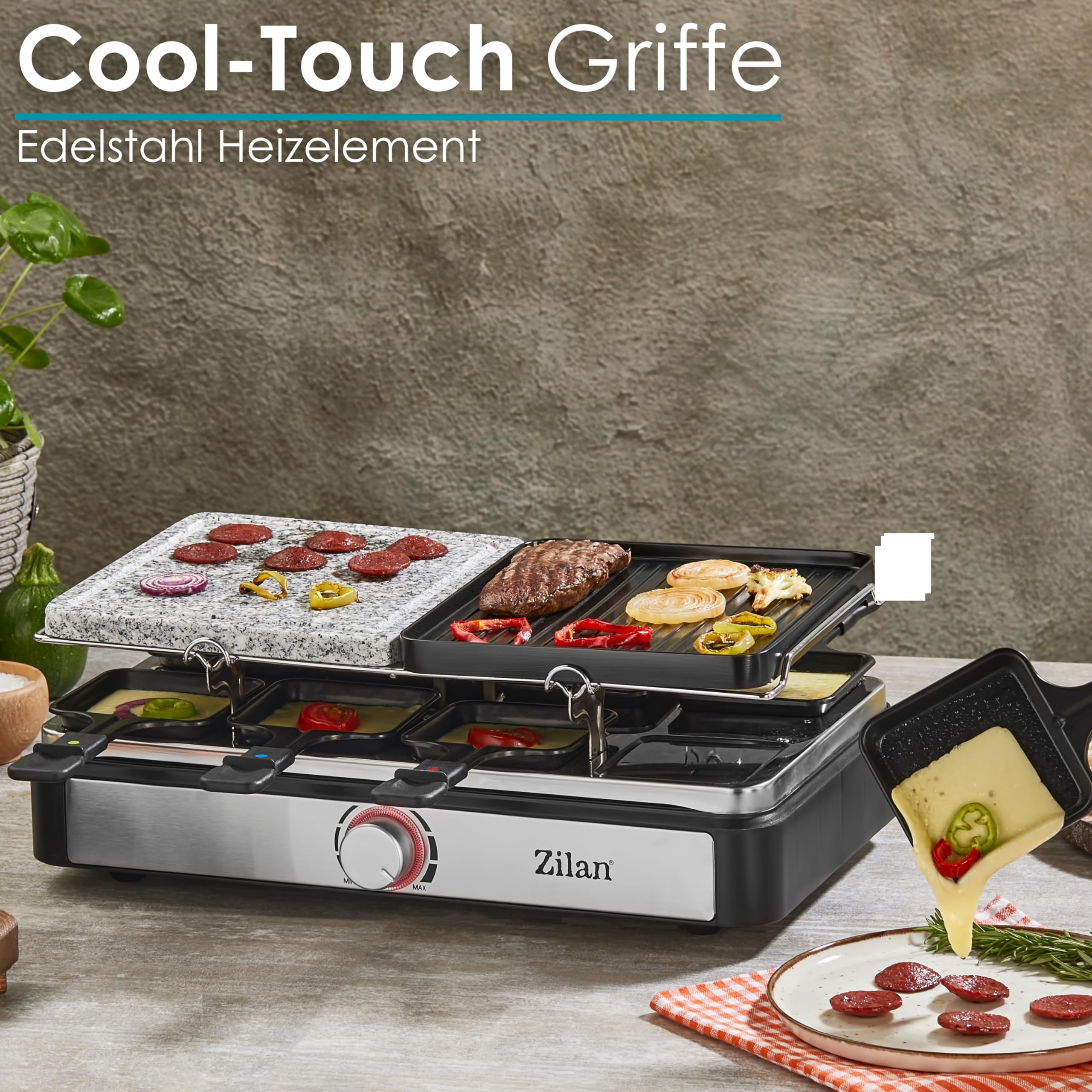 Dispositivo per raclette per 8 persone, griglia da tavolo, barbecue elettrico, con piastra in pietra naturale e rivestita, elemento riscaldante in acciaio inox, 1400 Watt