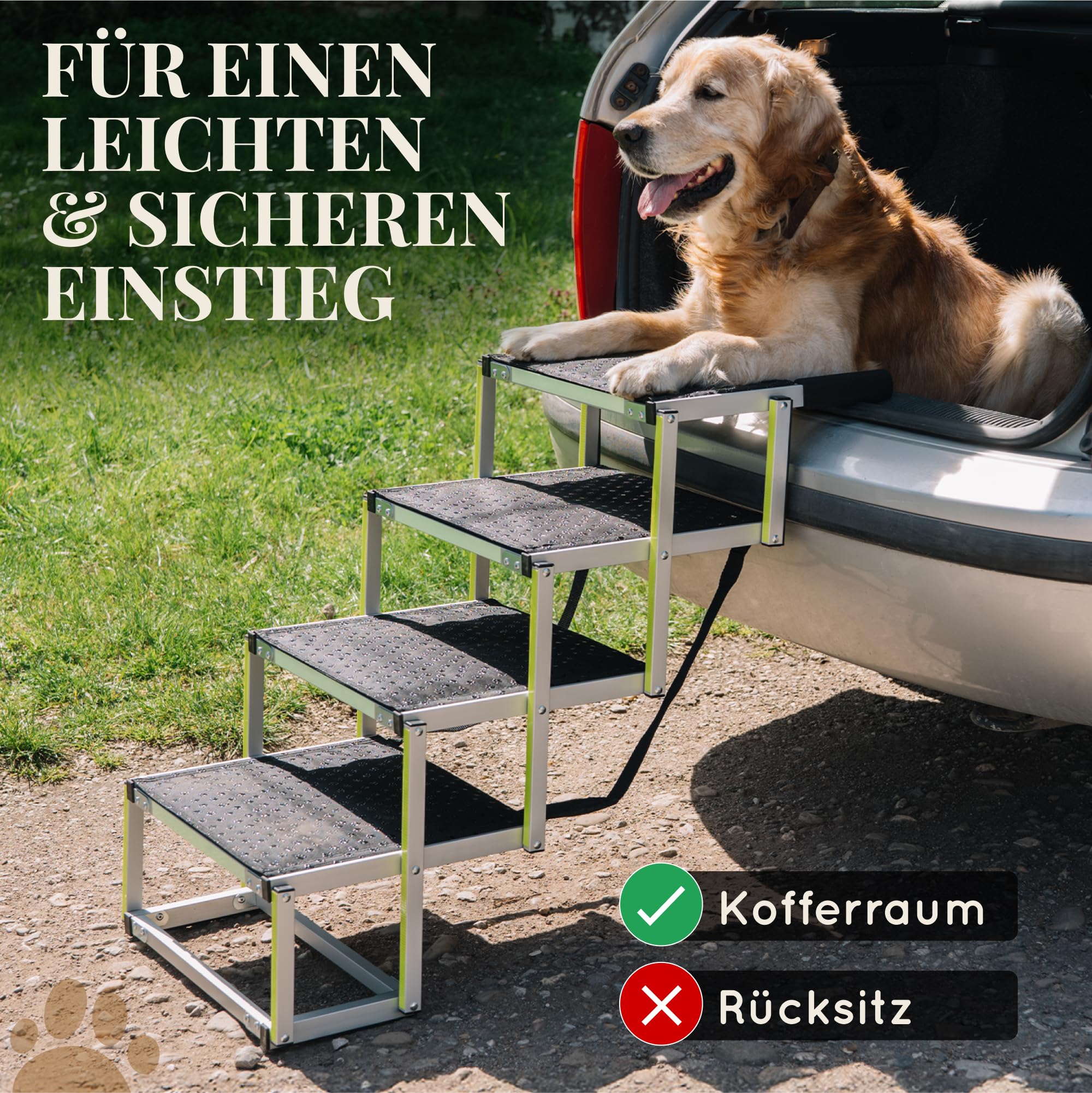 Hundetreppe Auto Klappbar - Hundetreppe Große Hunde - Leuchtende Leitmarkierung - Gelenkschonende Einstiegshilfe Auto Hund - Hundeleiter Faltbar mit Anti-rutsch Einsatz - 77kg Tragkraft - 4 Stufen