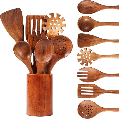 Utensilios de cocina de madera, 8 cucharas de madera de teca natural, espátulas y barril de almacenamiento de madera para sartén antiadherente