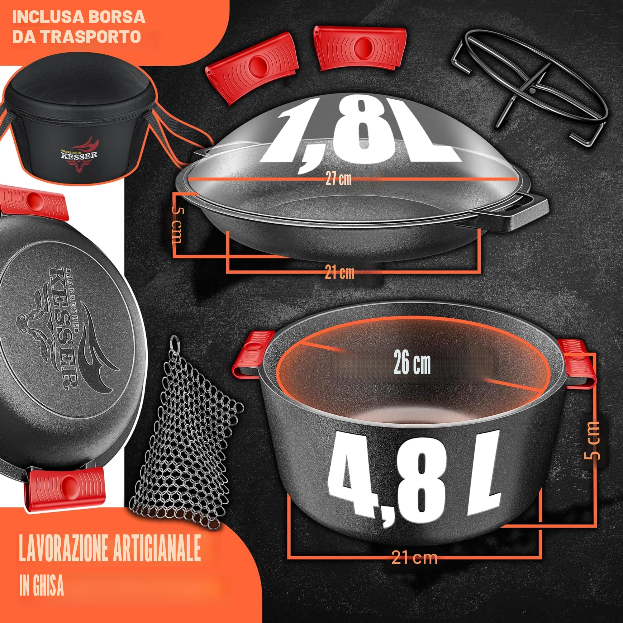 KESSER® Forno Olandese pentola in ghisa 2in1 da 4,8 l e padella da 1,8 l pronta per l'uso incl. Ricettario Casseruola Coperchio/padella a doppia funzione