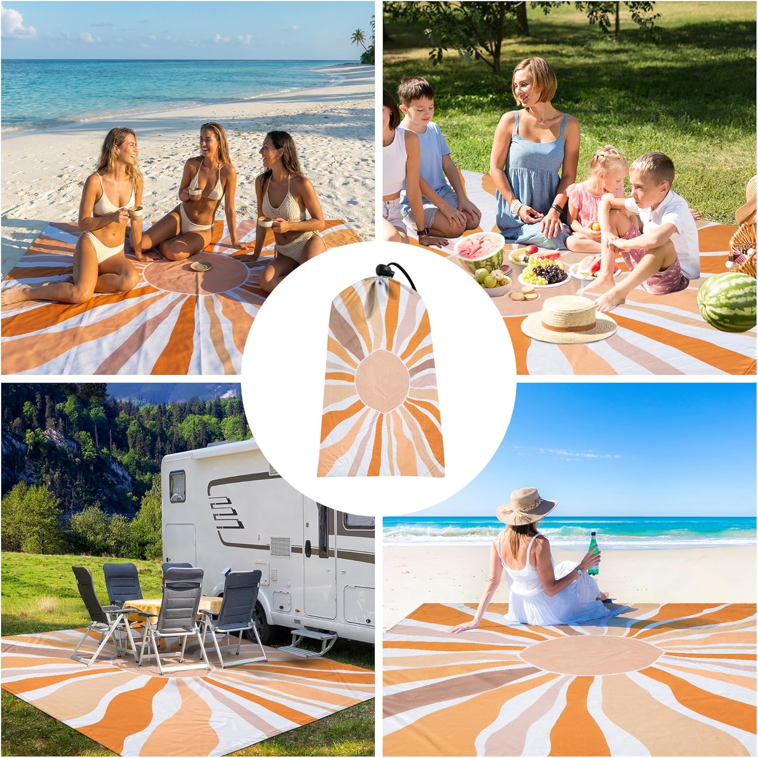 Beach Blanket Waterproof Sandproof, 10'X 9' Extra Large Oversized Beach Mat for 2-8 Adult, Quick Drying Lightweight Portable Polyester Picnic Blanket for Outdoor, Travel, Camping, Hiking-Boho Sun
