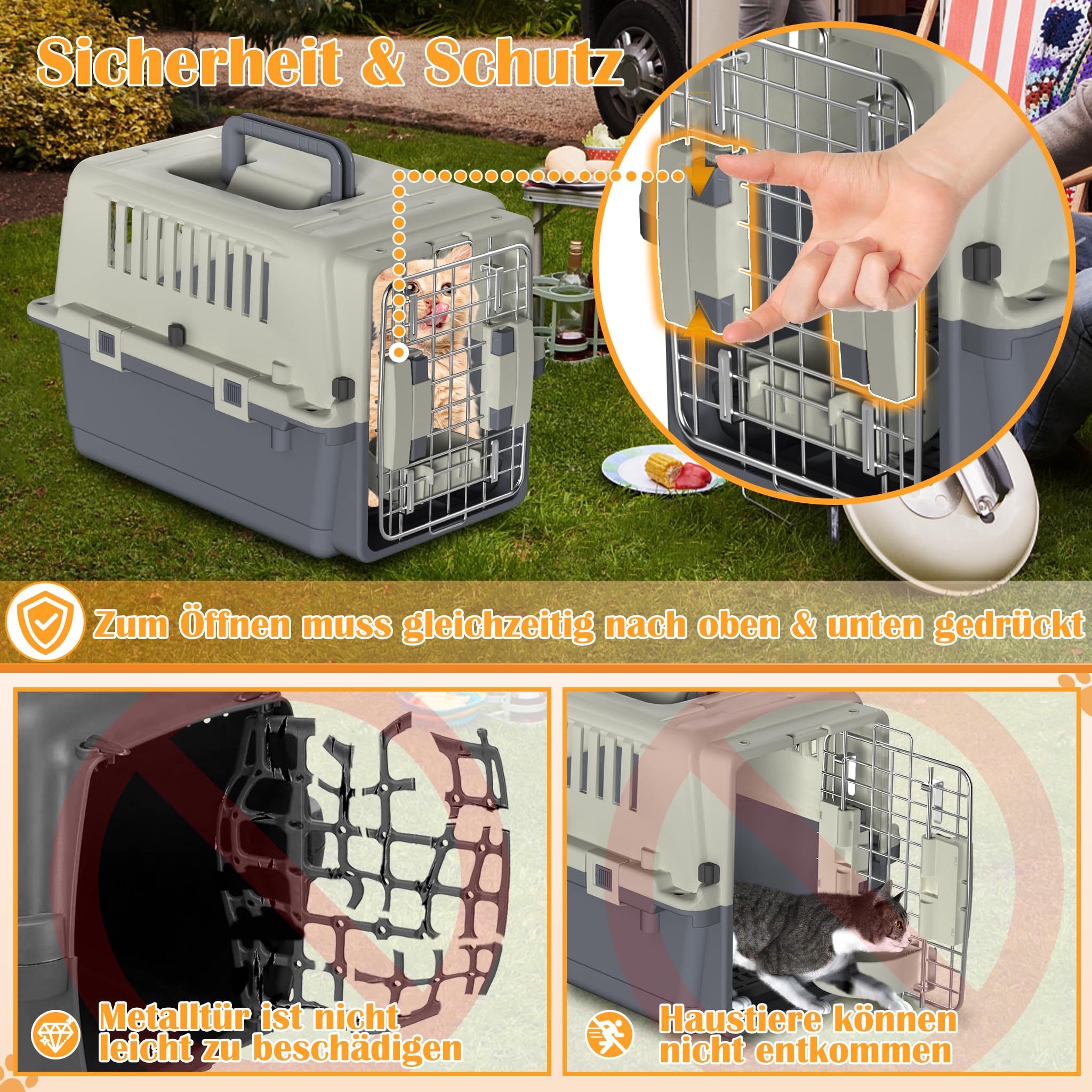 NAIZY Transportbox Hund, 60x39.5x44cm Hundtransportbox Reise & Transport Flugzeugbox mit Metall Tür und Lüftungsschlitze Fenster Hundbox Belastbar bis 9KG inkl. Pinkelpads Fressnäpfe Griff
