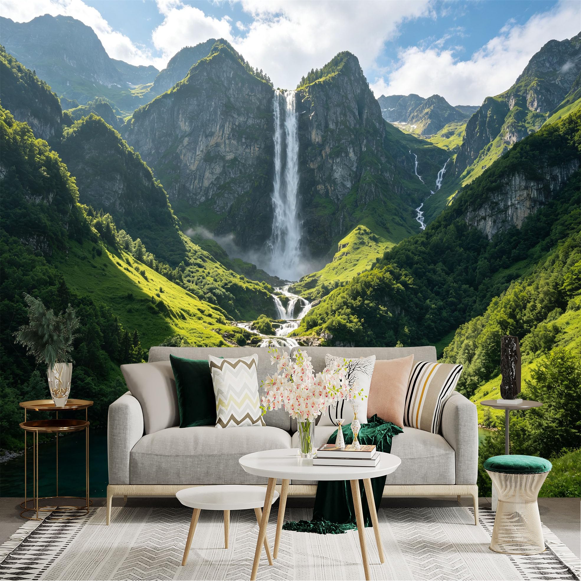 Custom Size Wall Sticker Mural， Majestic Waterfall in Green Mountains， Serene Alpine Lake， Summer Natural Scenery， for wall Decoration， peelandstick wall Decals.