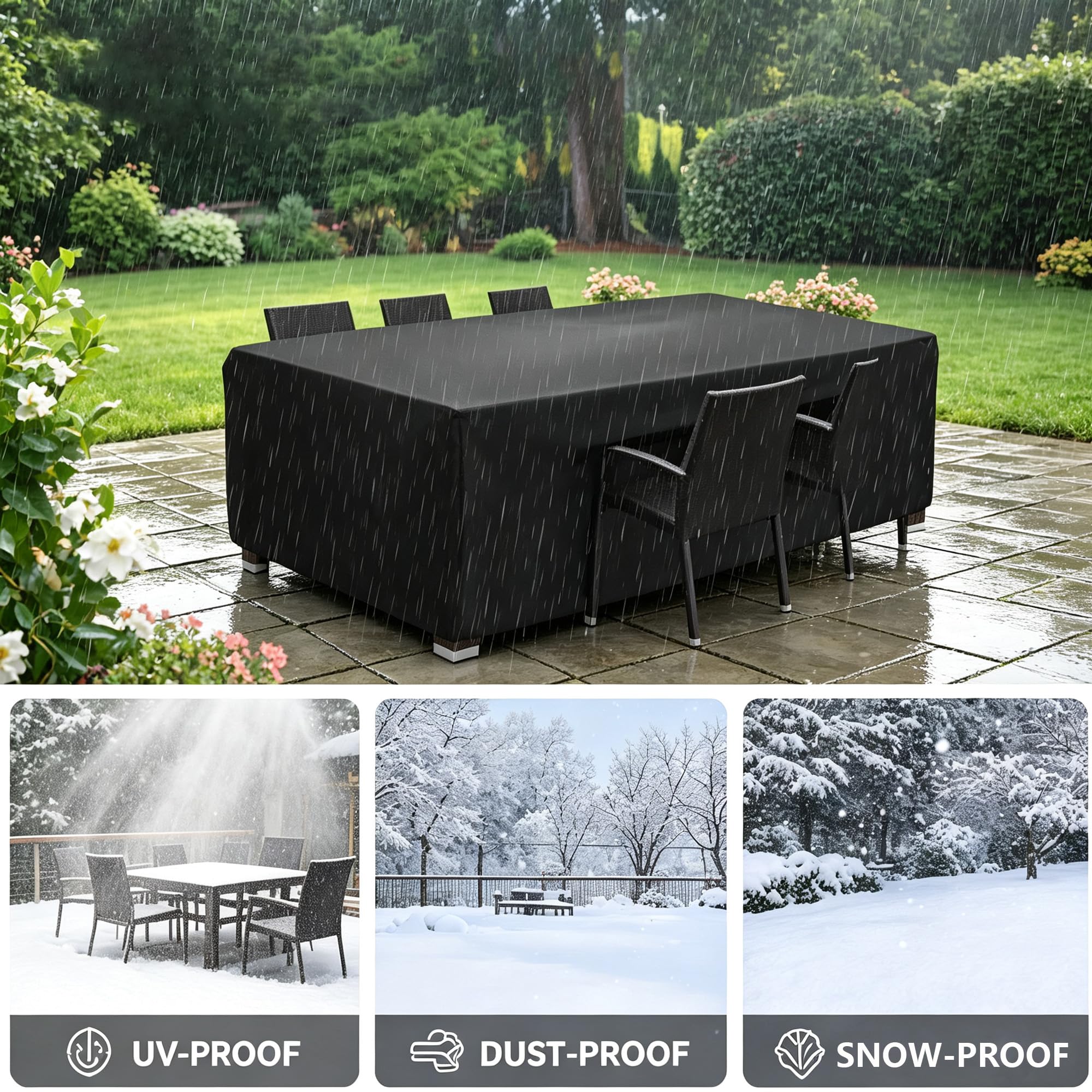 Housse Salon de Jardin Exterieur, 230x200x90cm/LxIxH Housse Table de Jardin Oxford 420D, Revêtement PU Imperméable, Sangles & Cordon Anti-Vent, Anti-UV, Rectangulair Bache Table Exterieur