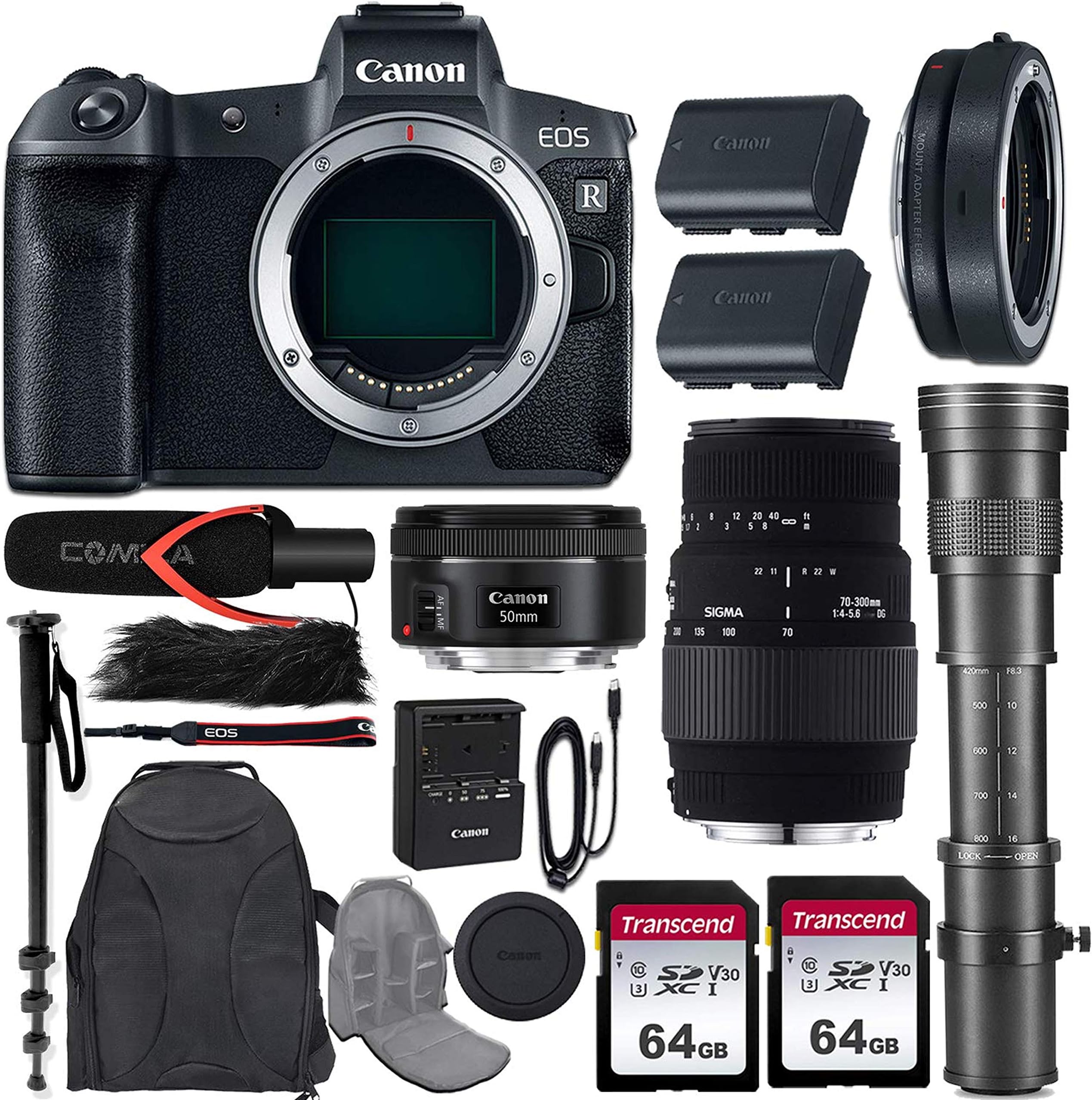 Canon EOS R Mirrorless Camera w/Extra Canon LP-E6N Battery Pack + 3 Lens Kit (EF 50mm f/1.8 STM + 70-300mm f/4-5.6 DG Macro + 420-800mm Zoom) + Mount Adapter + Pro Accessory Bundle