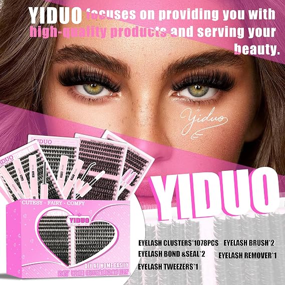 YIDUO 4 Styles Lash Clusters Kit 60D+80D+100D+150D Fluffy Clusters Lashes Extensions Kit with 2 Bond and Seal 10-18mm Wispy D Curly Full DIY Individual Eyelash Extensions Kit DIY at Home Easily