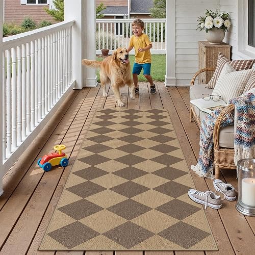 PureCozy 2x8 Brown Checkered Washable Runner Rug Indoor Outdoor Non Slip
