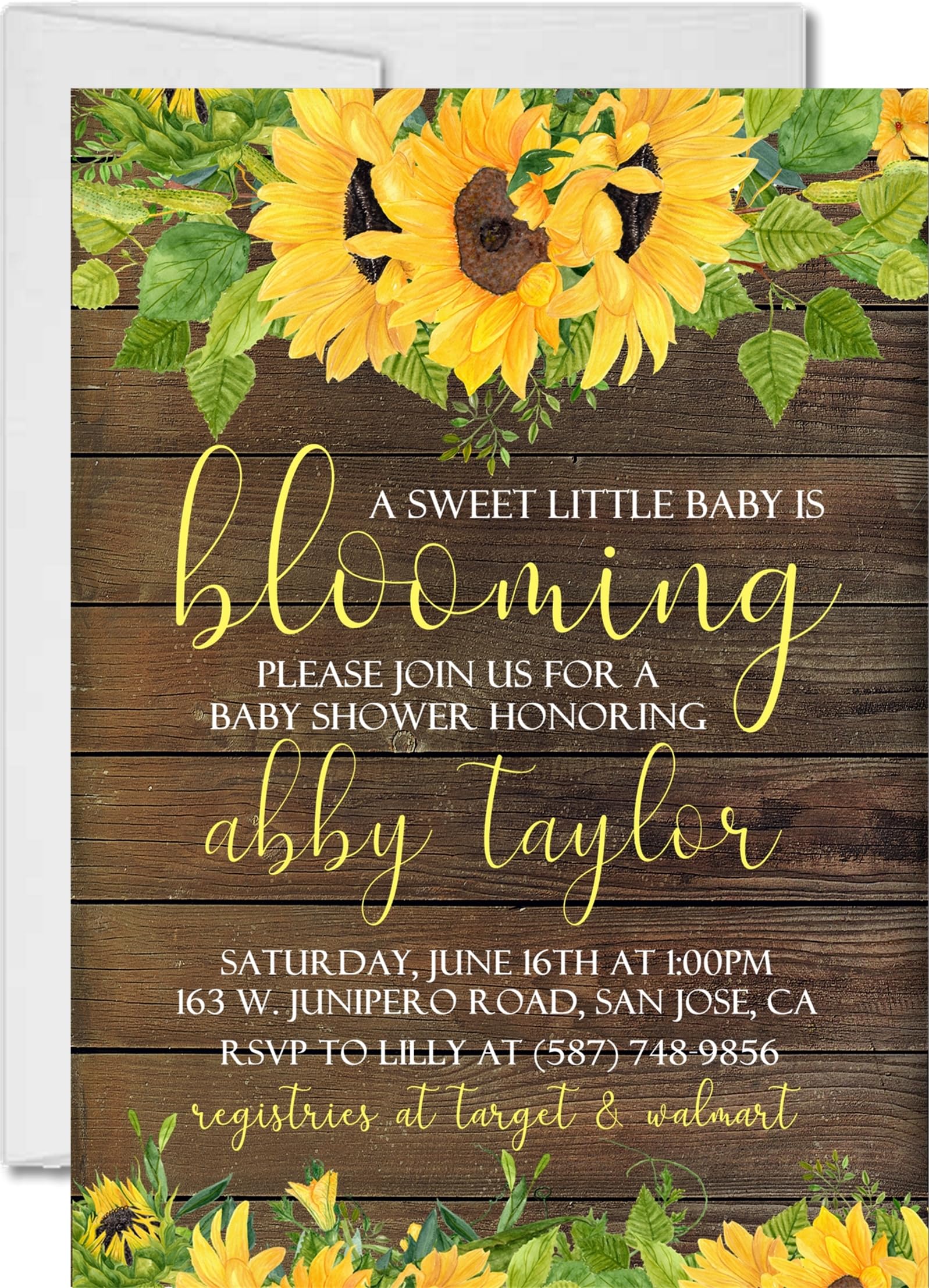 Sunflower Baby Shower Invitations With Envelopes, Fall Baby Shower Invitations (Sunflower Rustic Wood)
