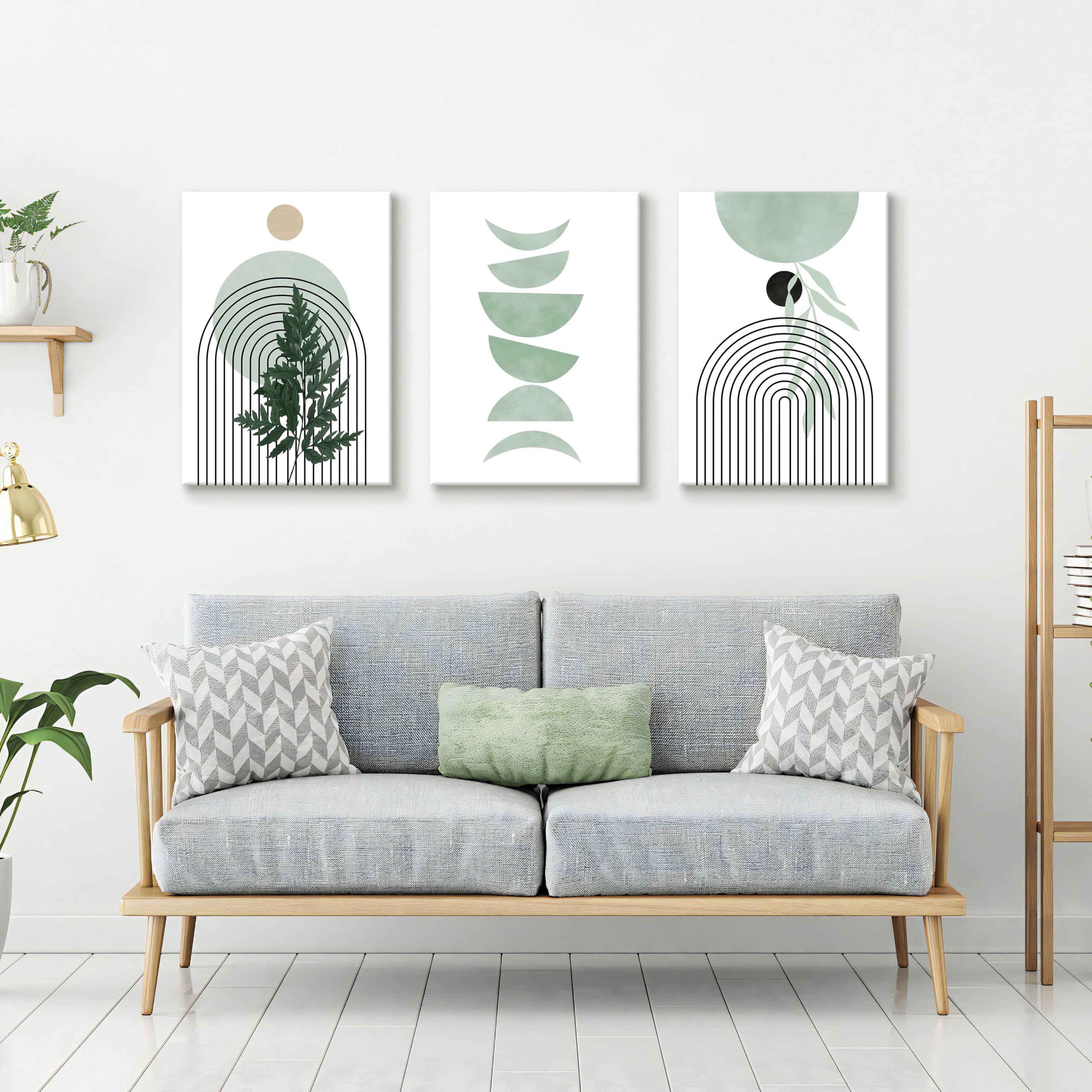 3 Pcs Boho Beige Plante Lignes Tableau Decoration Murale Avec Cadre, Esthétique Rond Géométrie Impression Sur Toile Moderne Minimaliste Affiche Peintures Décoration Chambre Maison Bureau 30x40cmx3