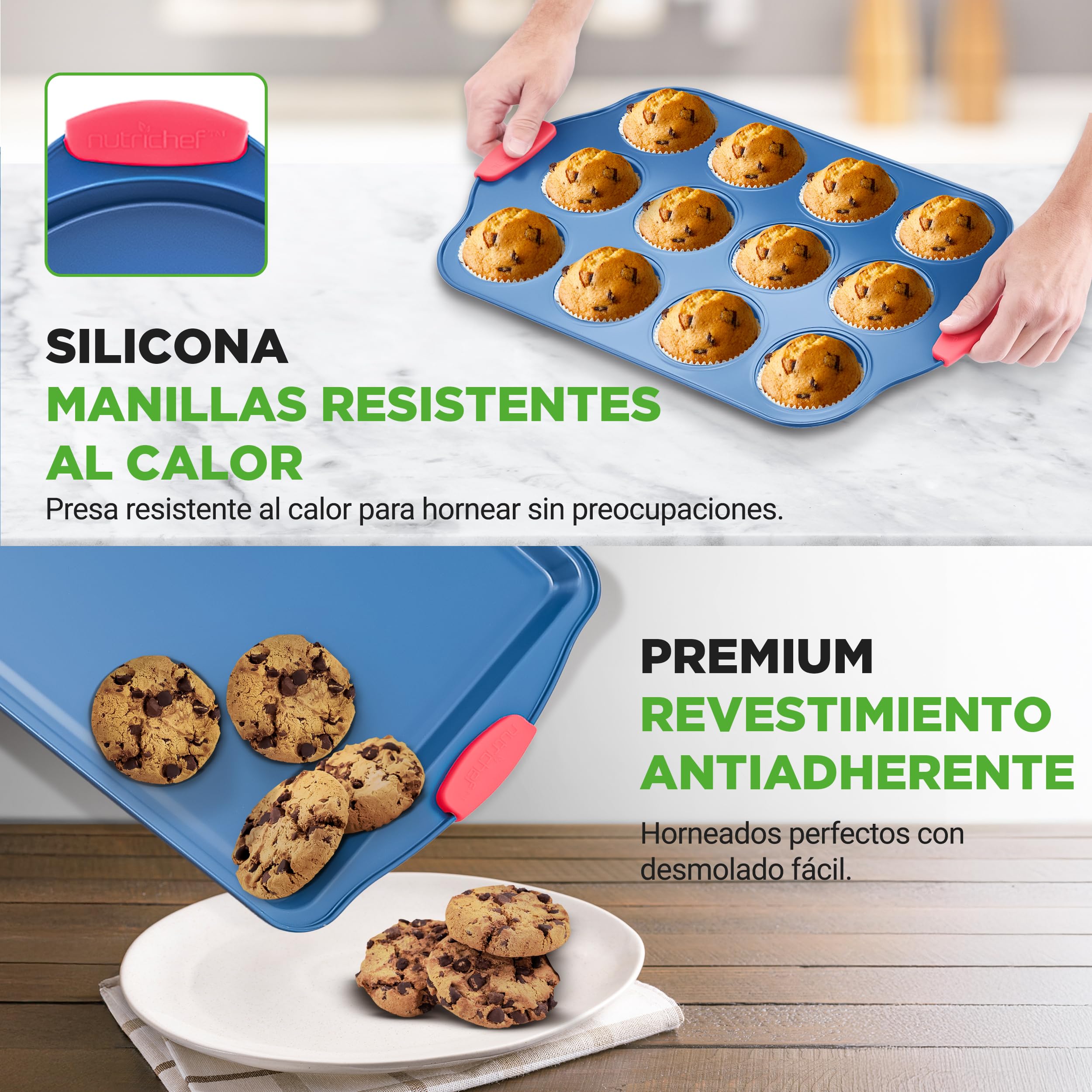 NutriChef juego de 6 moldes, Utensilios horno, Baking set, Reposteria, Antiadherentes, Libres de PFOA, PFOS, PFTEE, Aptos para hornos hasta 230°C (450°F), Mangos de silicona
