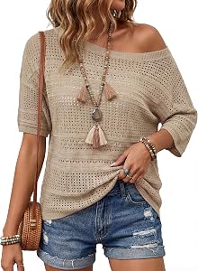 Arach&Cloz Women's Linen Blend Summer Crochet Sweater Tops Casual Hollow Out Beach Cover Up Vacation Outfits 2026