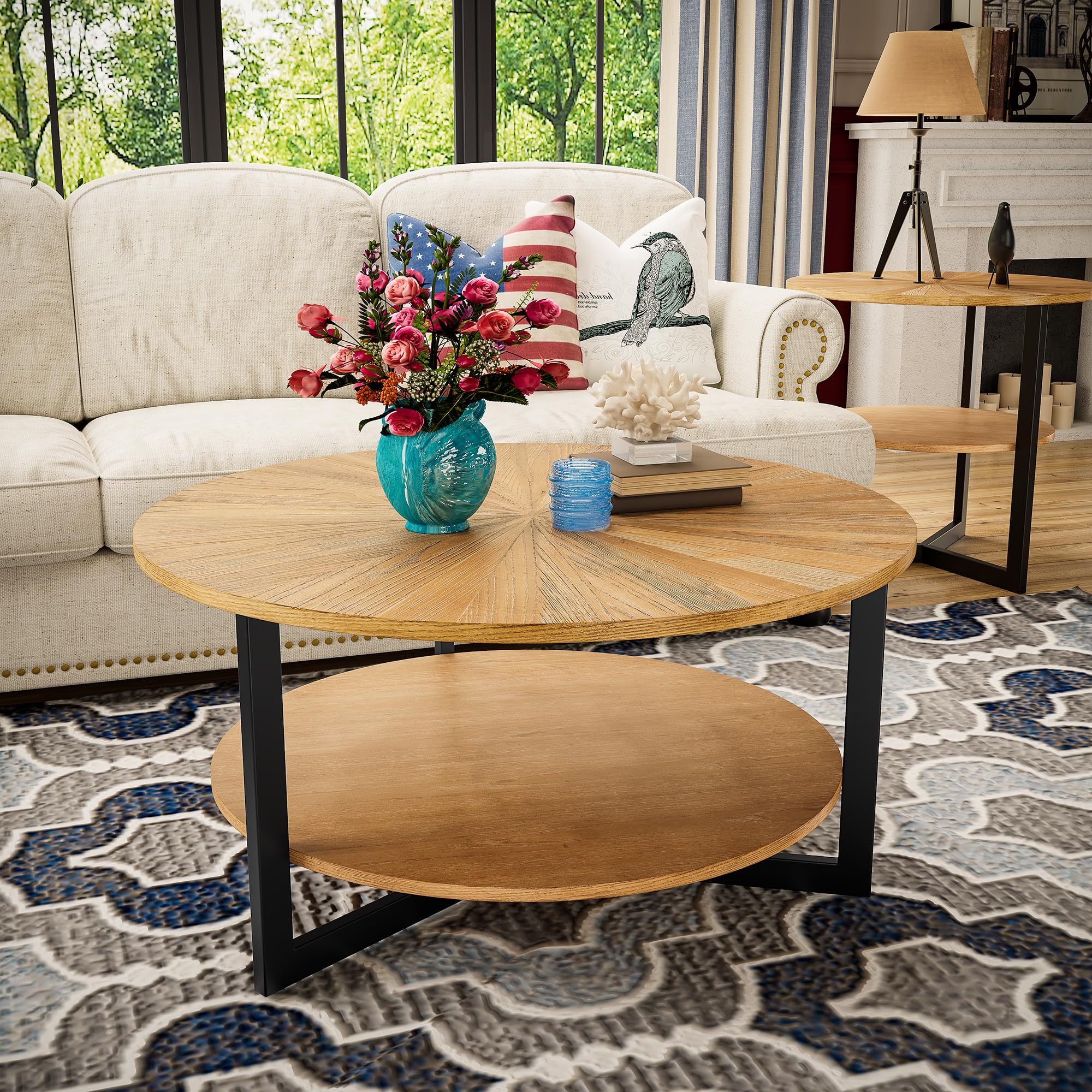 Round Coffee Table with Storage Shelf 33 5in Circle Accent Center Table with Black Metal Legs 2-Tier Industrial