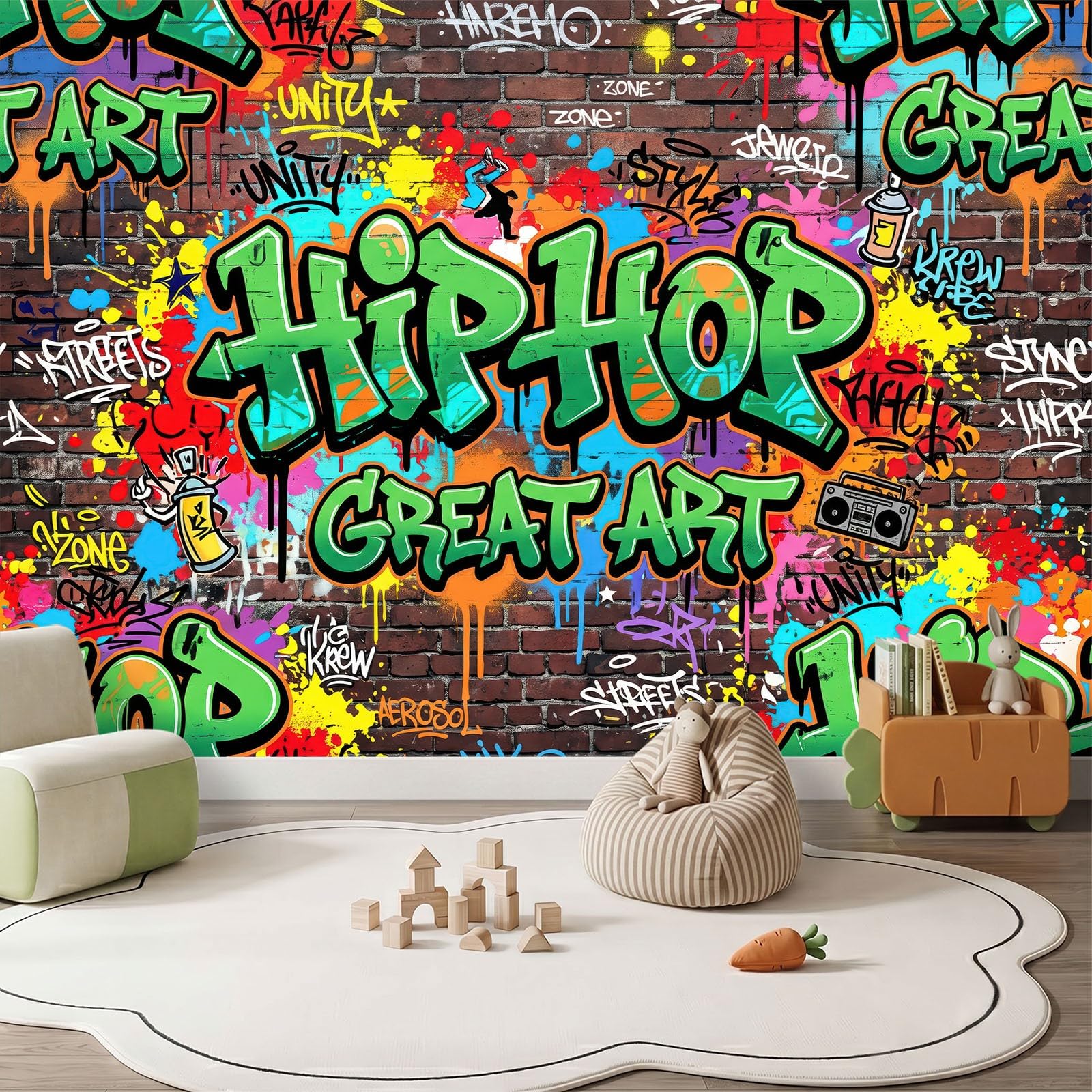 Modern Graffiti Wald Panorama Fototapete 400 x 280 cm, Tintenspritzer Buchstaben Ziegelwand Vlies Tapeten Wandtapete, Bunt Wandbilder Tapete für Wohnzimmer Schlafzimmer Apartment Flur Dekoration