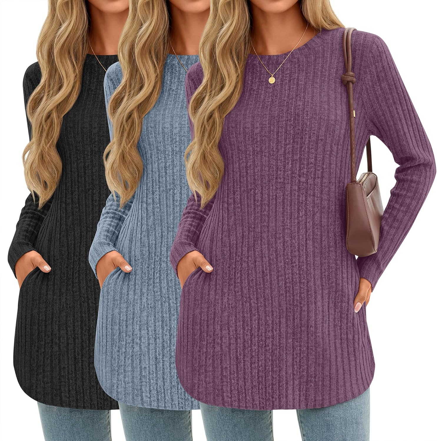 3 Pack Women's Long Sleeve Sweaters Crewneck Ribbed Pullover Loose Fit Tunic Tops Curved Hem Shirts with Pockets