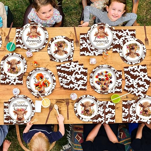 Miniatura 6 de 96 piezas de suministros de fiesta de vaca de las tierras altas para 24 invitados, platos de vajilla de vaca marrón, servilletas de ganado de las
