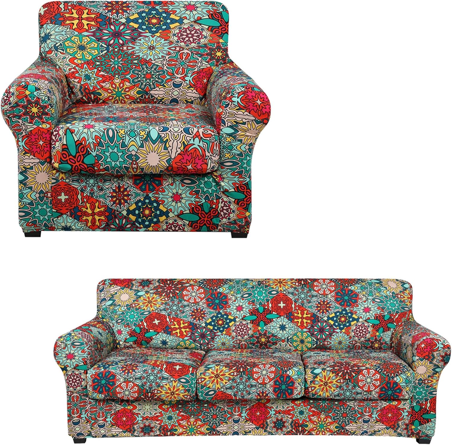 hyha Printed Stretch Sofa Covers for 3 Cushion Couch (72"-96", Diamond Mandala) Bundle 1 Seater Armchair Covers (32"-48", Diamond Mandala)