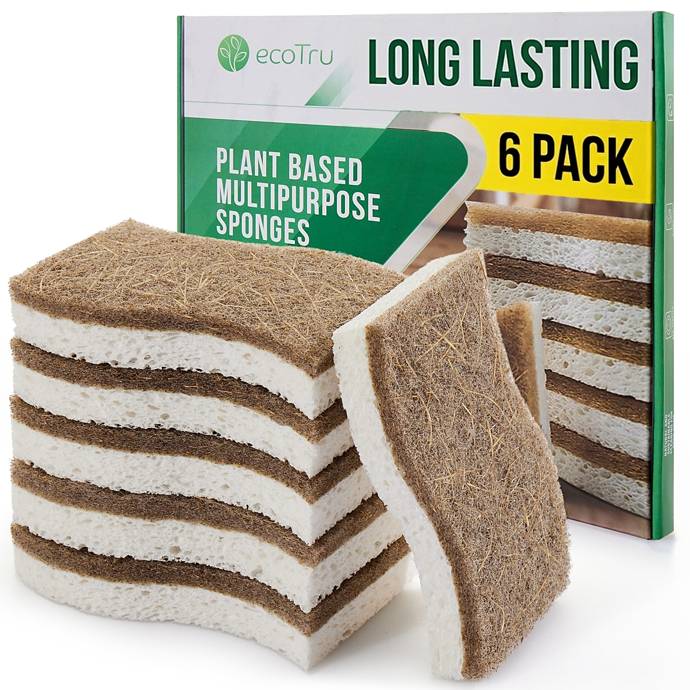 6 Pack Natural Washing Up Sponge, UK Brand Eco Friendly Kitchen Dish Cleaning Sponges, Compostable Cellulose & Coconut Eco Sponges & Scourers, Biodegradable Non Scratch for Heavy Duty Scrubbing