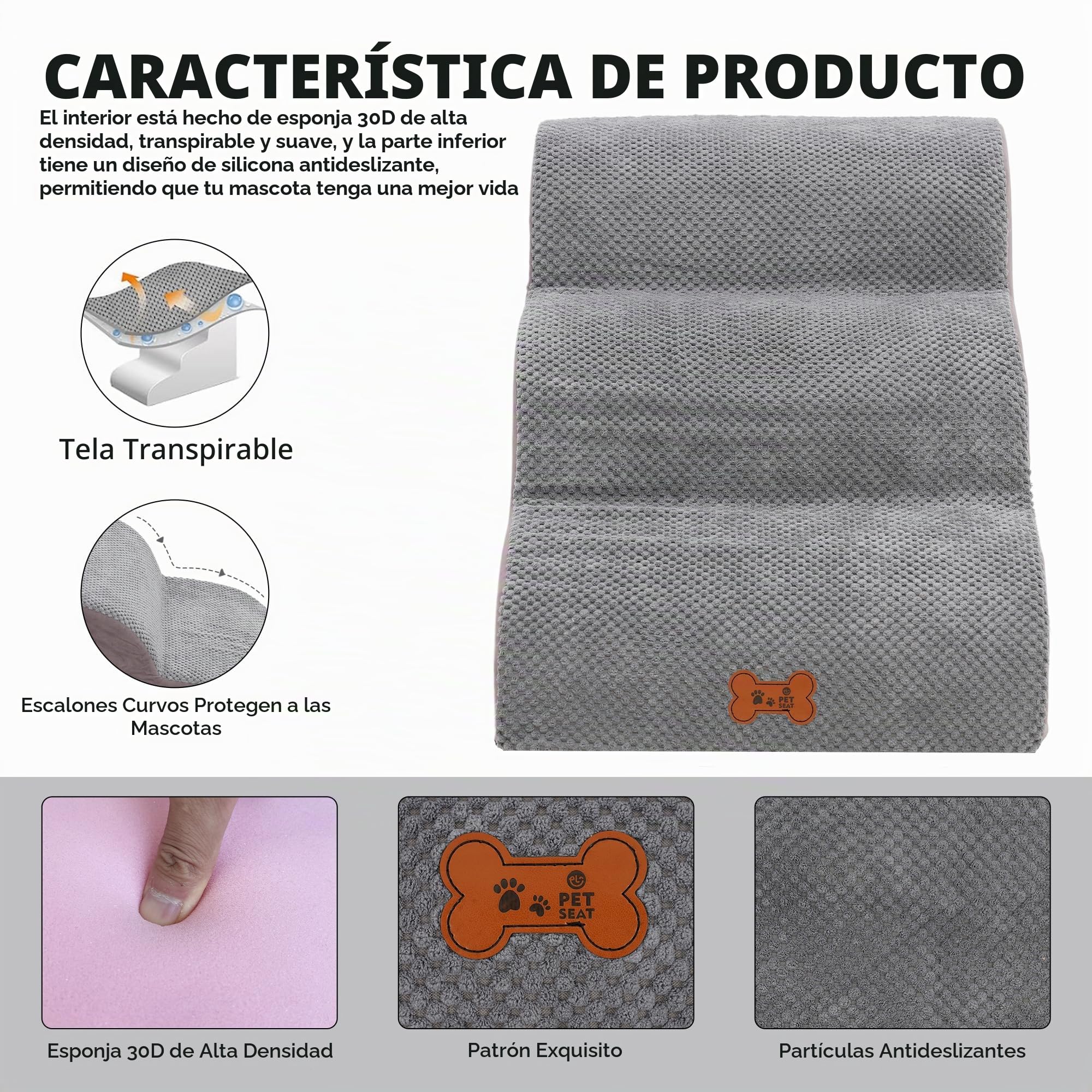 Escalera para perros de 3 peldaños, escalera de esponja para perros, rampa antideslizante para mascotas, escaleras para sofá y cama, con cubierta extraíble lavable, 57 x 40 x 40 cm, gris