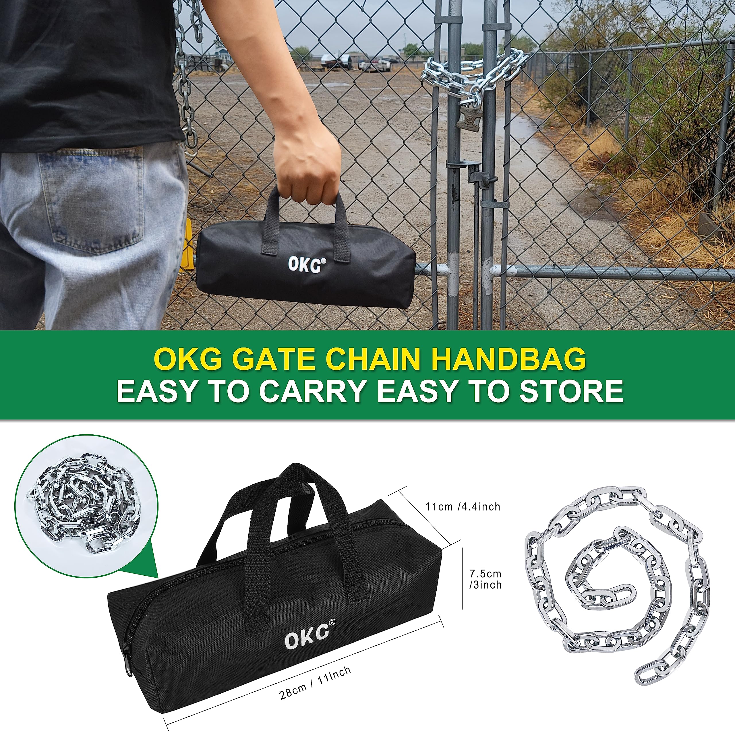 OKG Cadena de seguridad resistente, cadena de puerta de 4 libras, 4 pies x 5/16 pulgadas de grosor con eslabones cuadrados antirrobo de acero al manganeso endurecido a prueba de cortes para bicicleta,