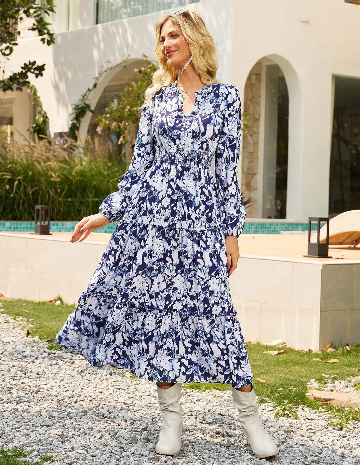 Women Long Sleeve Midi Dress, Boho Floral Casual Flowy A Line Dresses, Spring Elegant Classy Dress with Pocket - Image 3