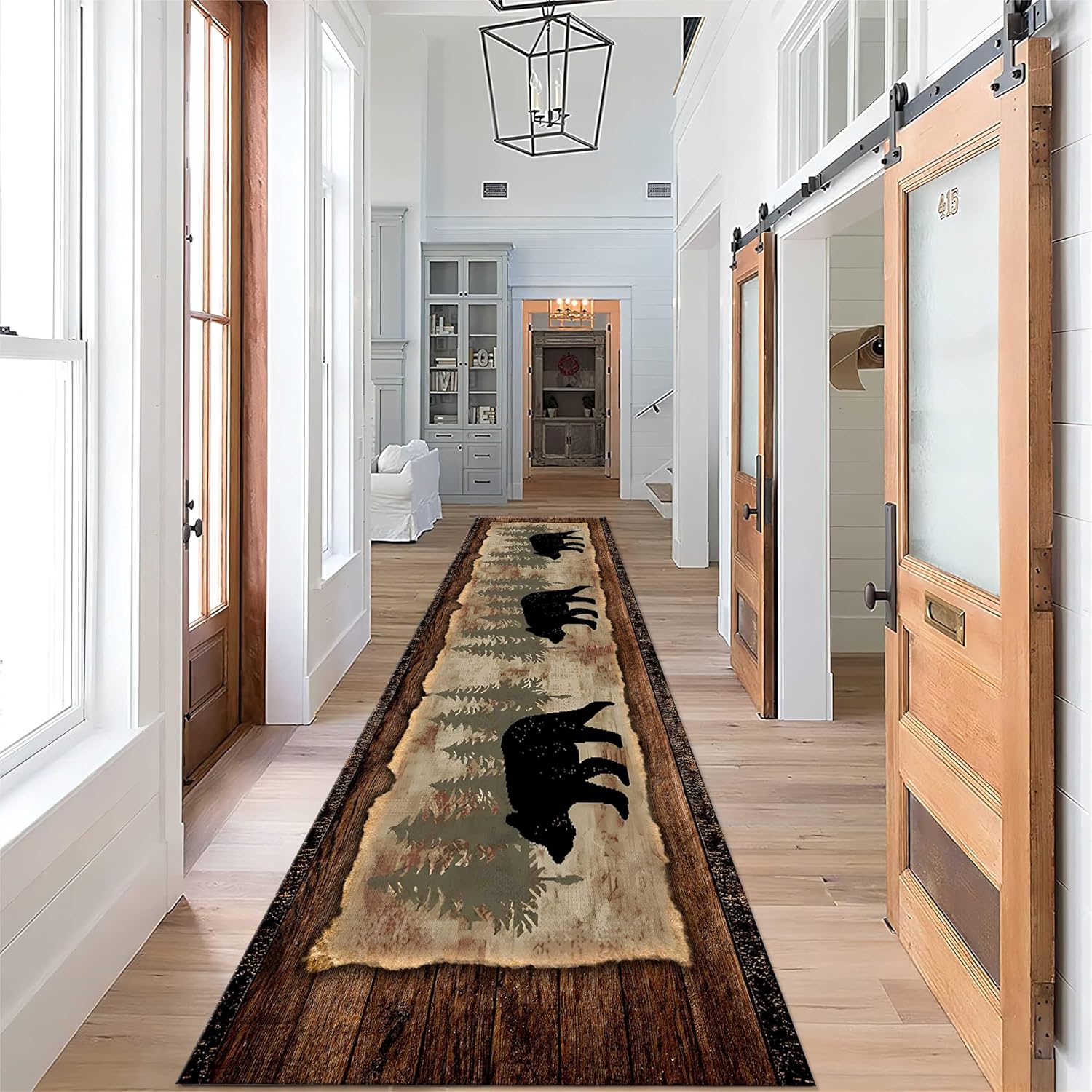 Rustic Bear Runner Rug Vintage Cabin Themed Long Rug with Printed Southwest Wildlife Brown Bear and Trees Brown Country Barn Wooden Deco Carpets for Hallway Porch Entrance Bedside, 2x6ft