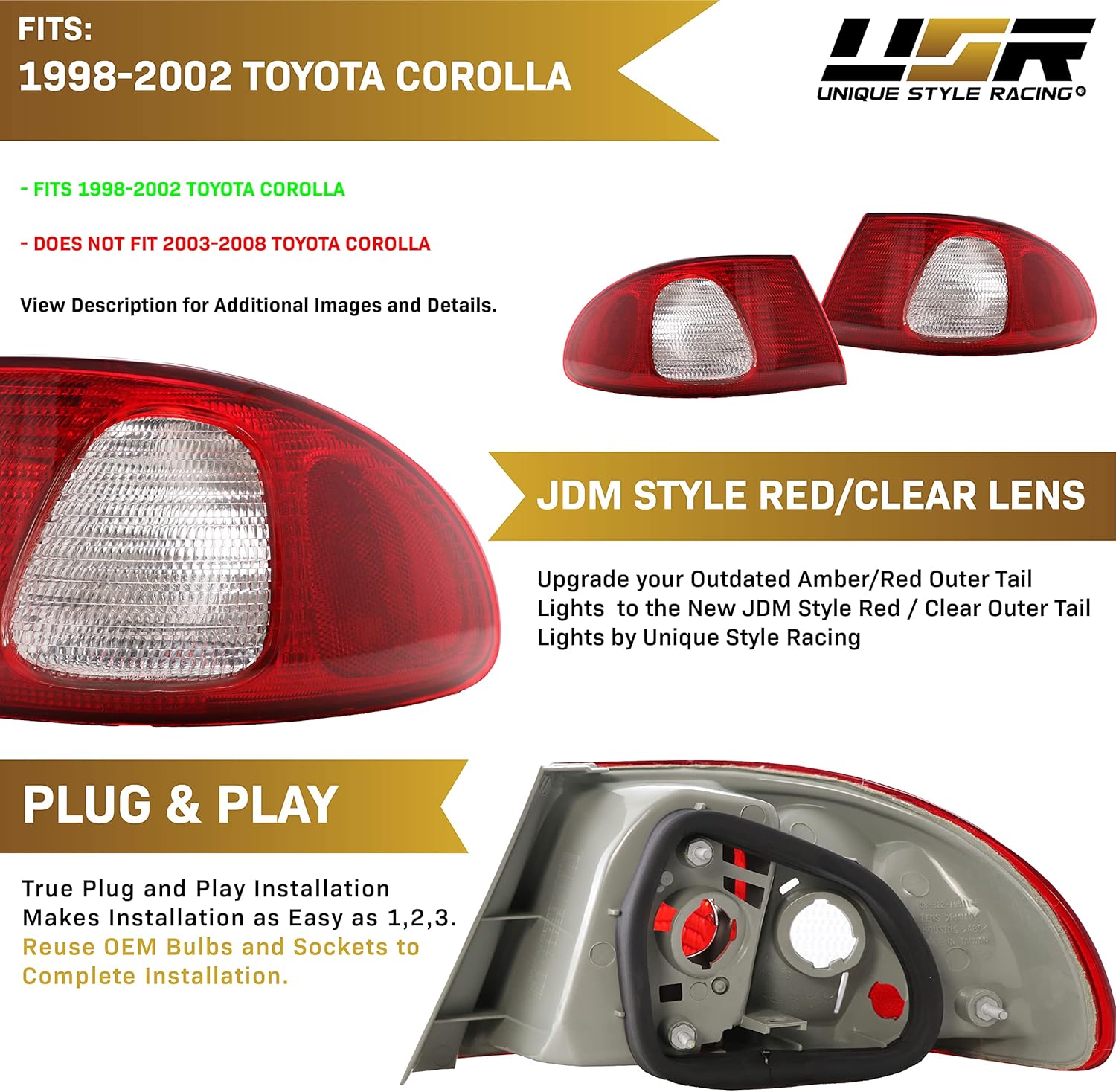 USR DEPO 98-02 Corolla OUTER Red Clear Rear Tail Lights (Left + Right) Compatible with 1998-2002 Toyota Corolla (JDM Red Clear Lens, Plug and Play, 2 PC Set)