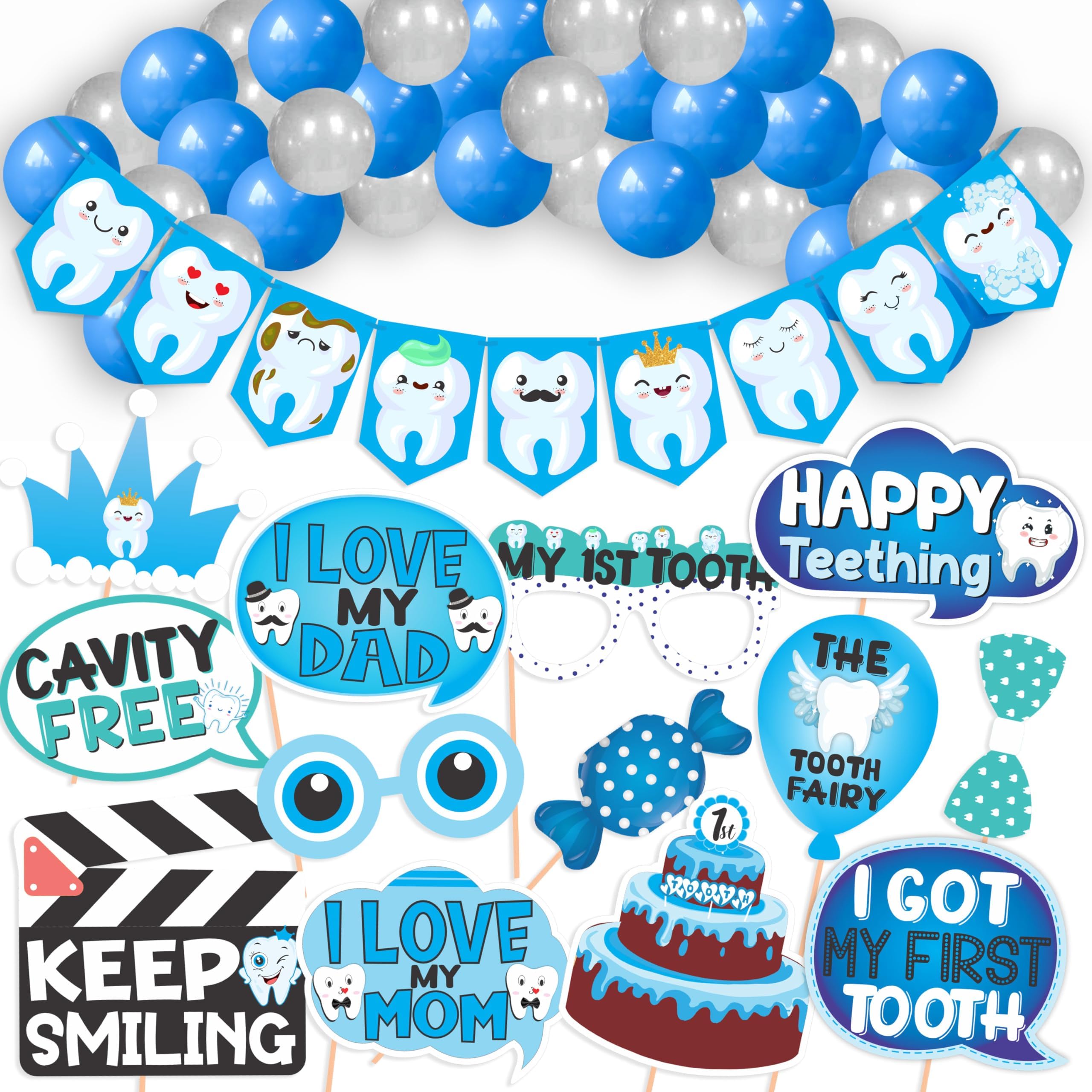 WOBBOX First Tooth Blue 13 Pcs Party Props with Cartoon Tooth Blue Bunting Banner & Balloons, First Tooth Decoration