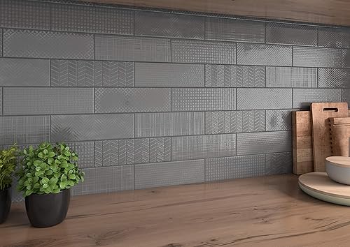 Miniatura 5 de M S International Urbano Graphite 3D Mix - Azulejo de metro de cerámica brillante para baño, cocina, pared de acento y ducha, muestra