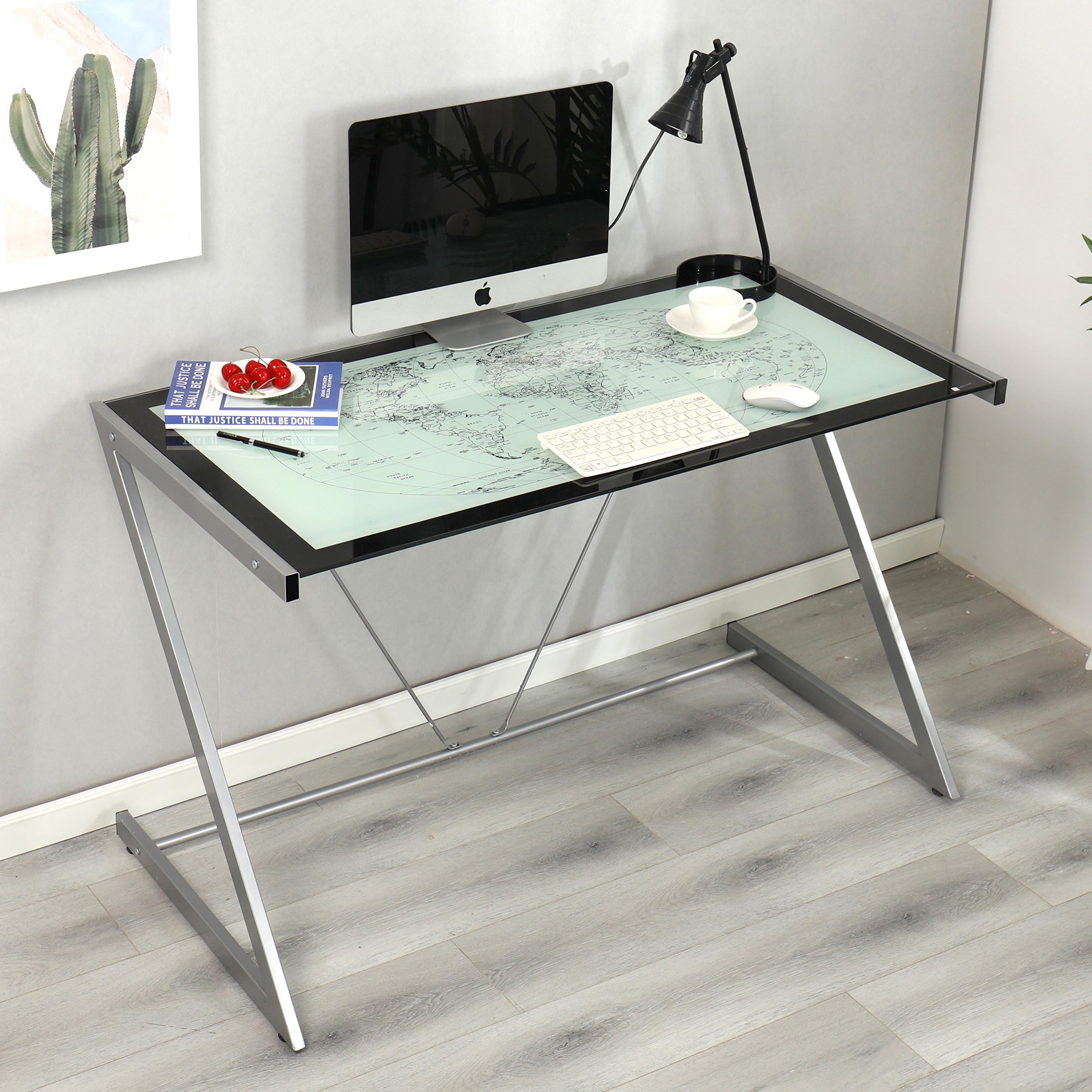 Cherry Tree Furniture COLUMBUS World Map Tempered Glass Computer Desk with Silver Frame