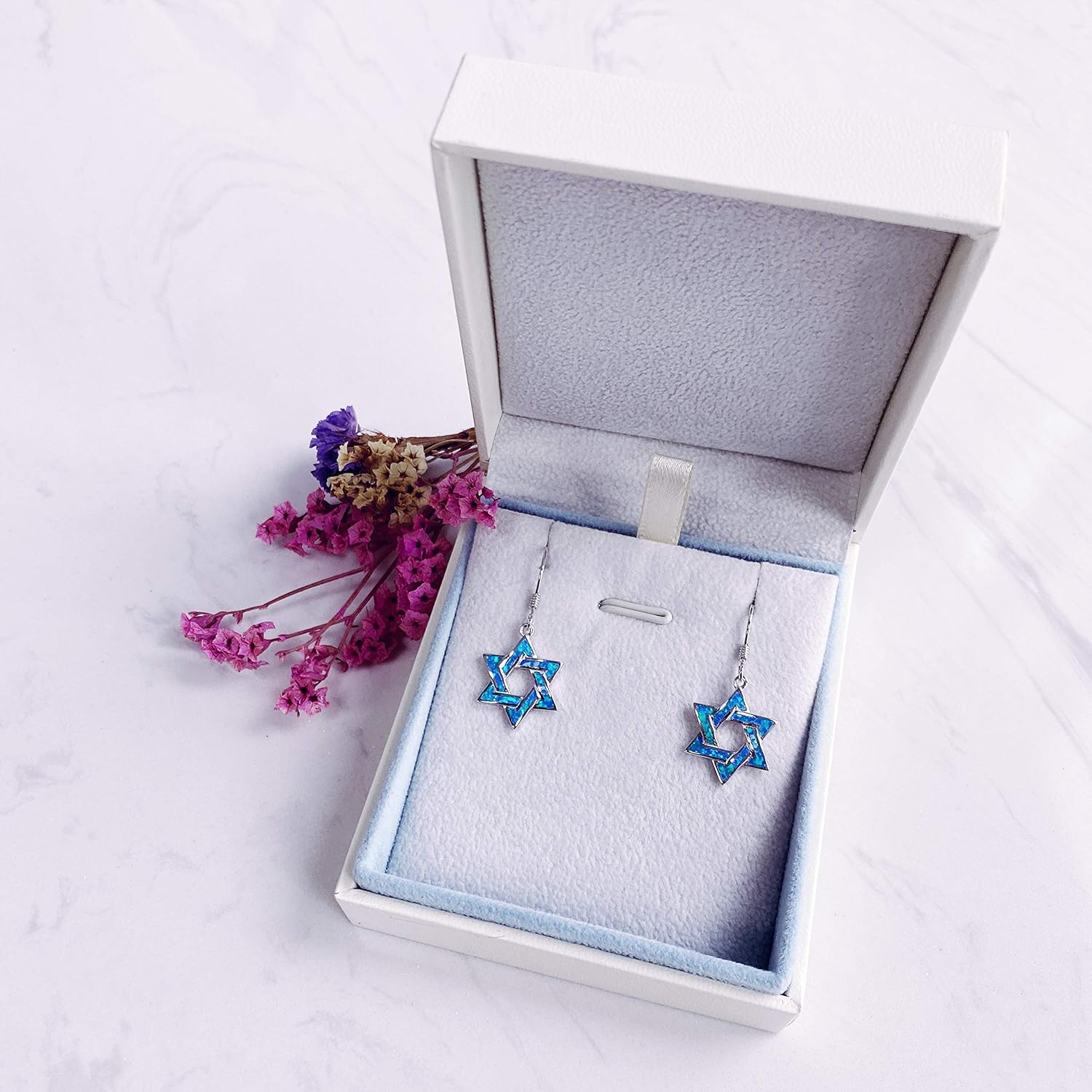 FANCIME Hanukkah Sterling Silver Created Blue Opal Star Necklace/Dangle Earrings/Bracelet Charm Danity October Birthstone Fine Jewelry for Women - Image 7