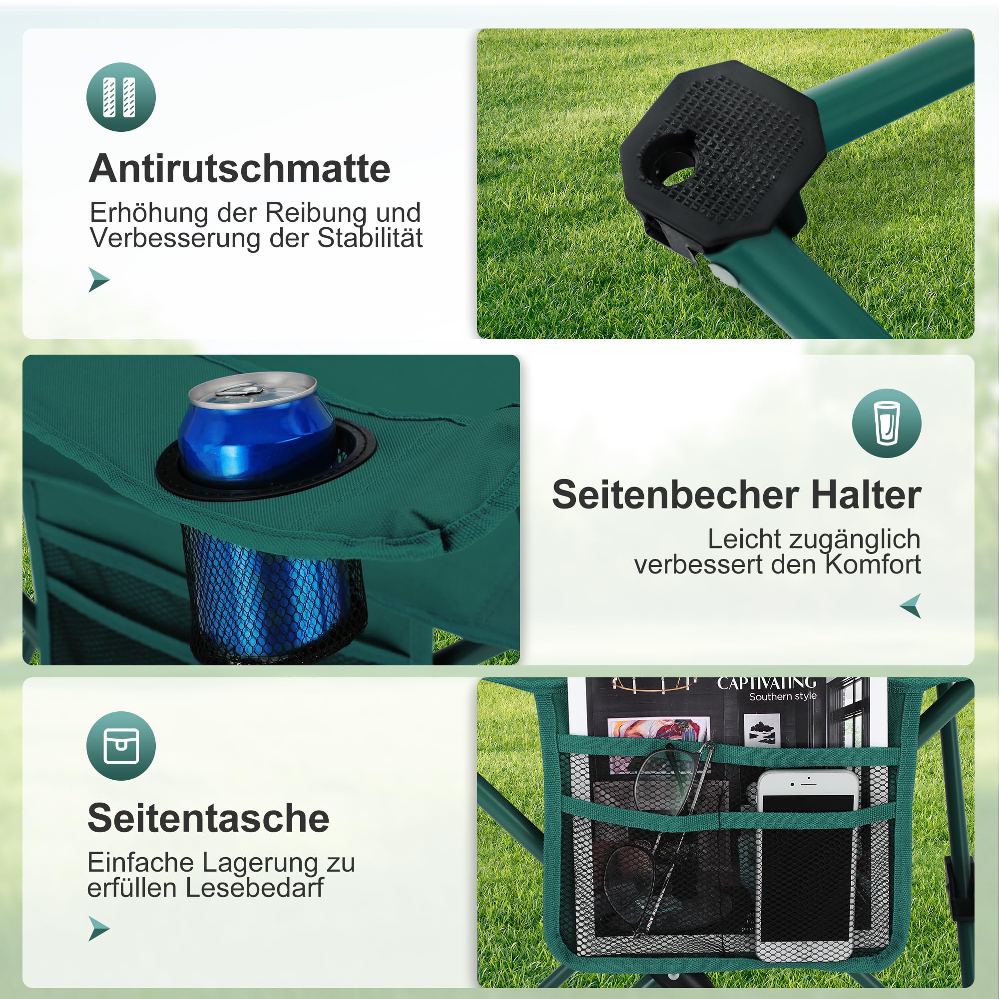 LET'S CAMP Juego de 2 sillas plegables de camping con soporte para bebidas, silla plegable con reposabrazos, color verde