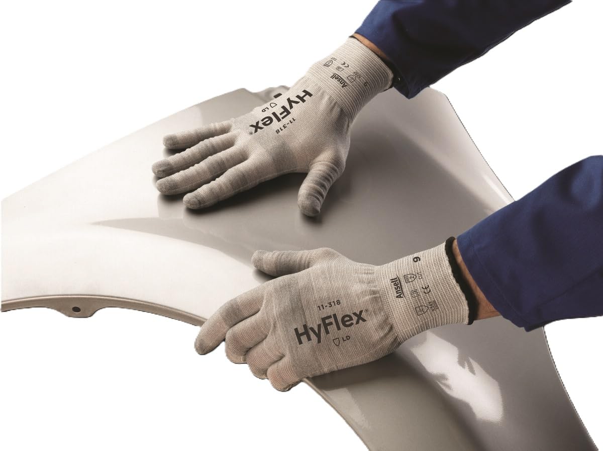 Ansell HyFlex 11-318 Guantes de Trabajo Multiuso, Protección Mecánica, Tejido Ultra Ligero, Sin Silicona y Antiestáticos, Compatible con Pan, Talla Táctiles,