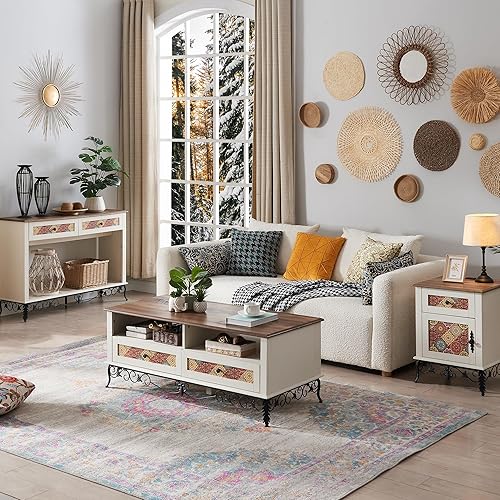 Miniatura 3 de OKD Mesa de centro bohemia de 48 pulgadas con cajones deslizantes, mesa de centro bohemia medieval rústica, detalles ornamentados, hermosa