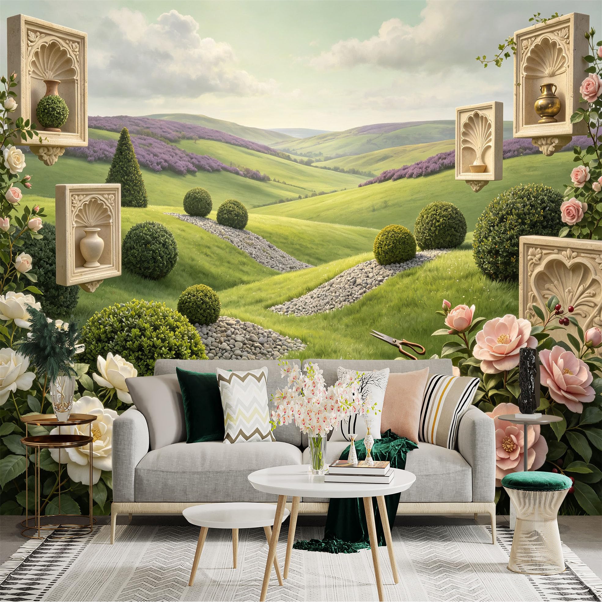 Lnzczhyre Bh260719663 Custom Size Wall Sticker Mural， Scenic Rolling Hills， Lush Green Landscape， Elegant Stone Niche Decor， Blooming Pink And White Roses， For Wall Decoration， Peelandstick Wall Decals.