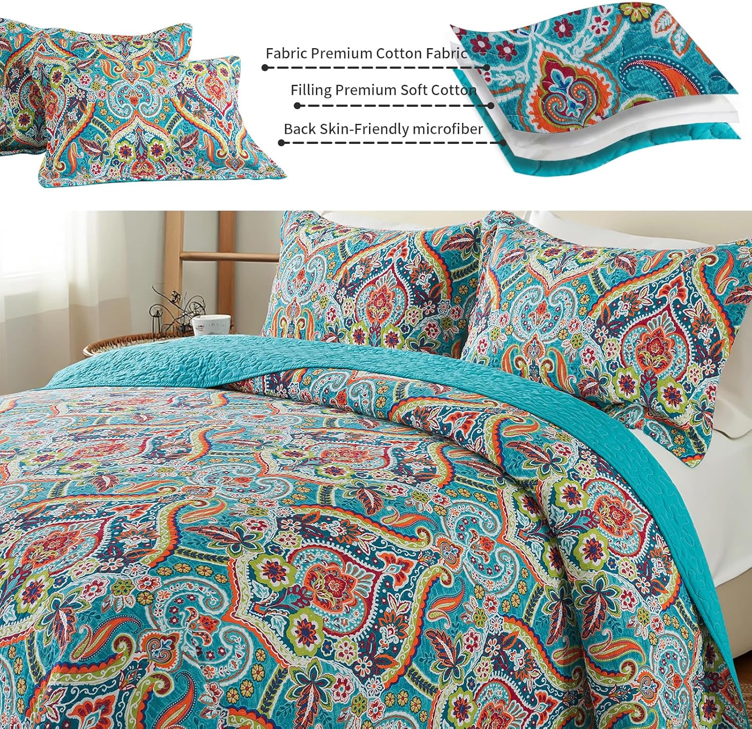 BEDISELY Quilts Queen Size, Soft Cotton Queen Quilt Bedding Set, Damask Bedspread Queen Size-Lightweight Reversible Bedspread Coverlet Suitable for All Season (90 X 98 Inch, Teal) - Image 3