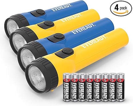 EVEREADY LED Flashlights (4-Pack), Bright Flashlights for Emergencies and Camping Gear, Flash Light with AA Batteries Included, Blue/Yellow (4-Pack) EVEREADY LED Flashlights (4-Pack), Bright Flashlights for Emergencies and Camping Gear, Flash Light with AA Batteries Included, Blue/Yellow (4-Pack)