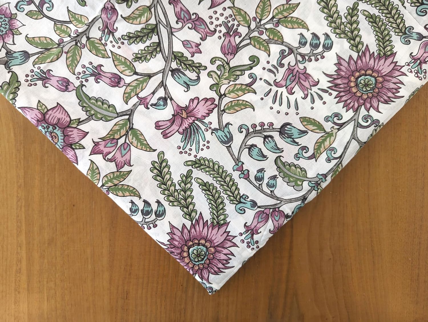 AVKA Studio Hand Block Print Fabric by The Yard - PRECUT 5 Yard 42 Inch Width - 100% Cotton Material - White with Onion Pink & Green Floral Pattern - Light Weight Indian Cloth for Making Summer Dress