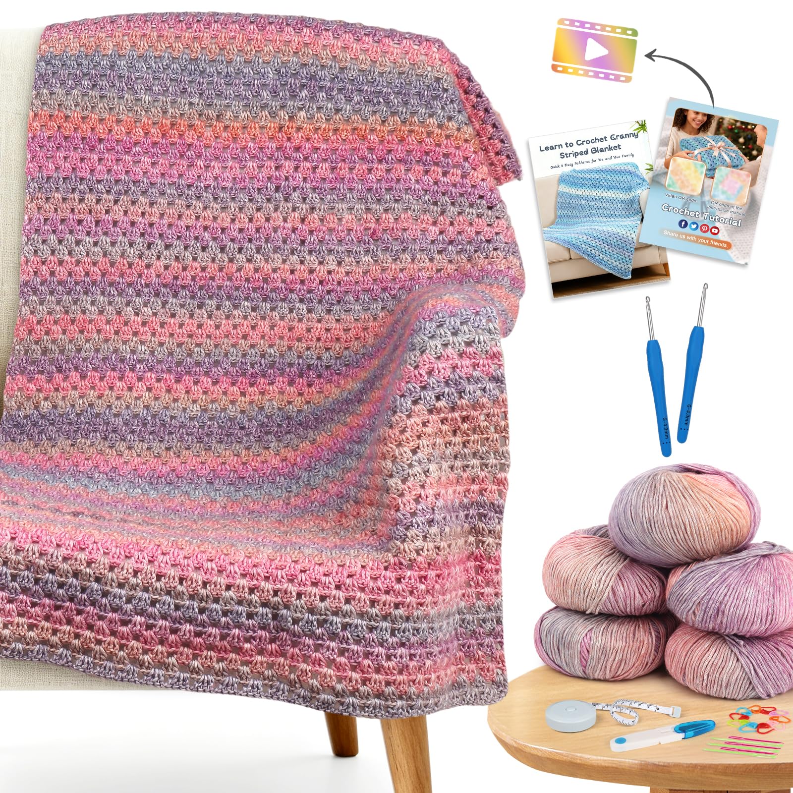 Reessy Crochet Kit, Complete Crochet Kits for Beginners Adults with Soft & Colorful Gradient Yarn Detailed Video Tutorials Crocheting Accessories, Super Easy Beginners Crochet Blanket Kit-Lavender