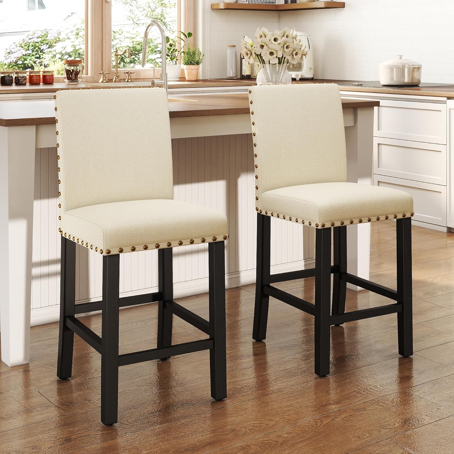 Close-up images showing the durable slub linen fabric, high-density virgin sponge, and 4.5-inch thick seat cushion of the GOTMINSI stool.